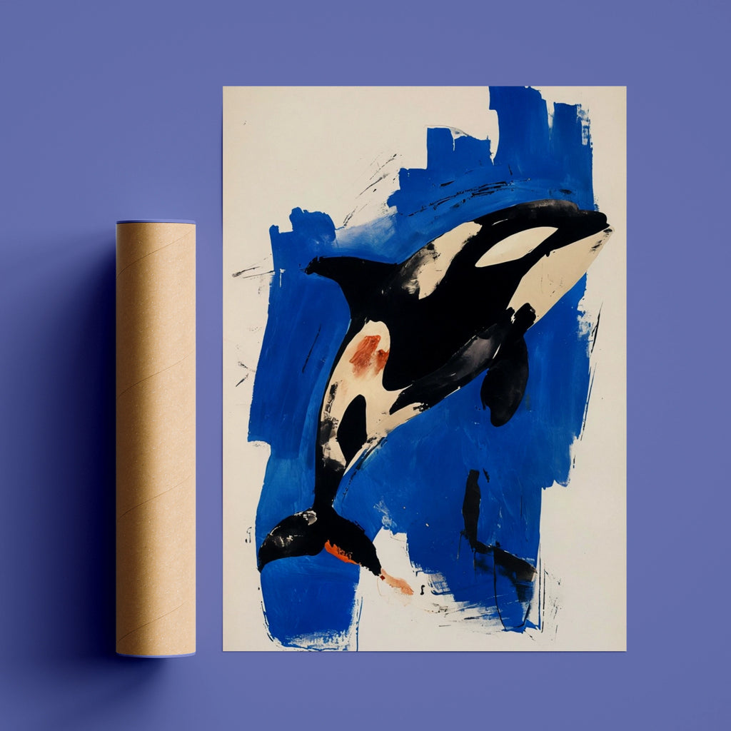 Abstract Orca Poster, Killer Whale Wall Art, Bold Blue Black Ocean Animal Print