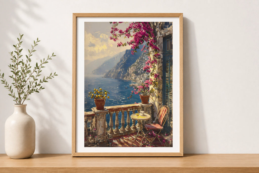 Amalfi Coast Balcony Poster, Bougainvillea Italy Wall Art, Mediterranean Sea Print