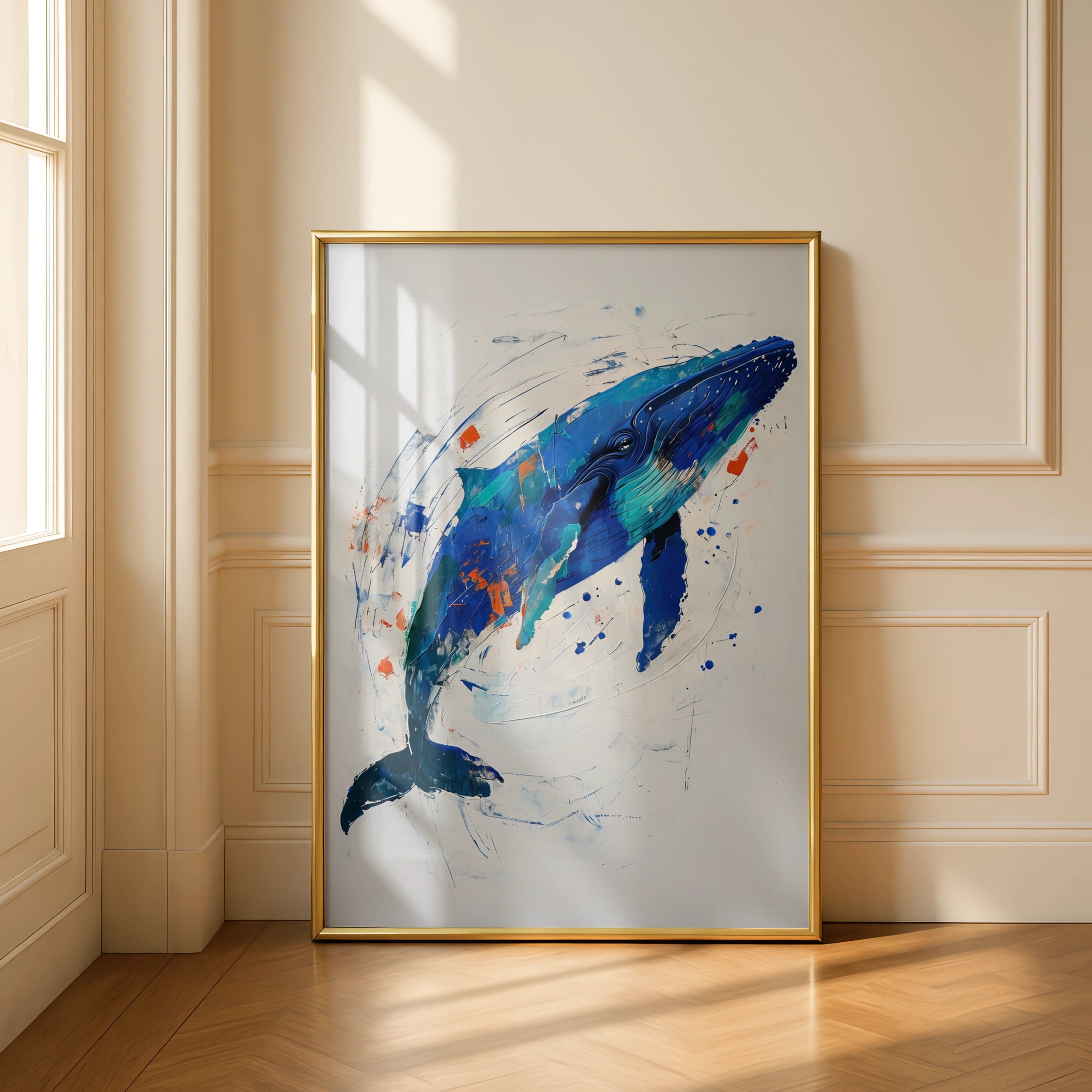 Abstract Blue Whale Poster, Ocean Animal Wall Art, Expressive Nautical Print, Teal Navy