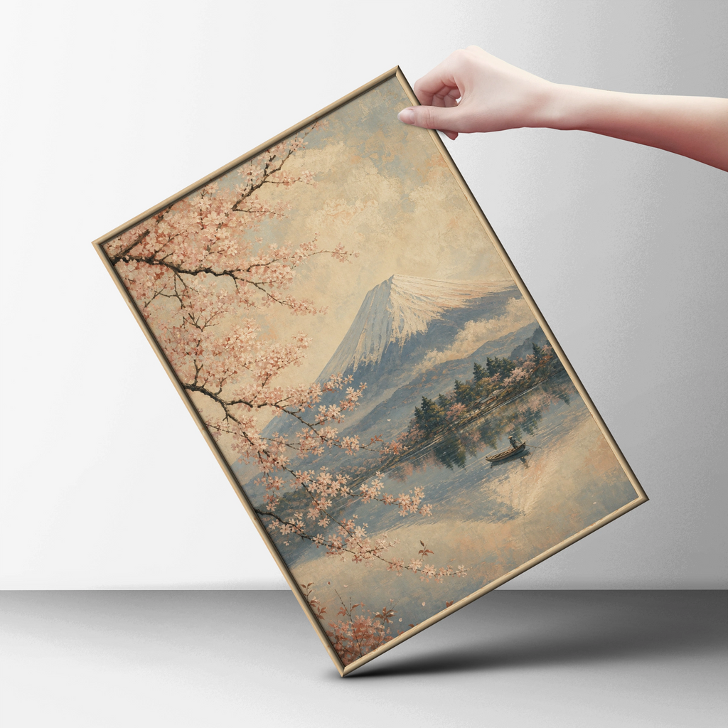 Mount Fuji Cherry Blossom Poster, Japanese Wall Art, Vintage Sakura Lake Print