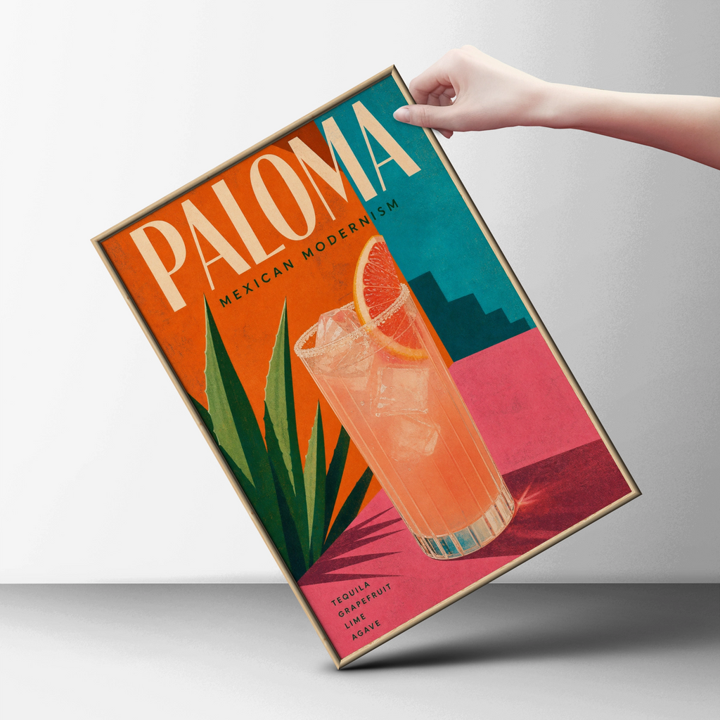 Paloma Cocktail Poster, Mexican Modernism Bar Wall Art, Tequila Grapefruit Print
