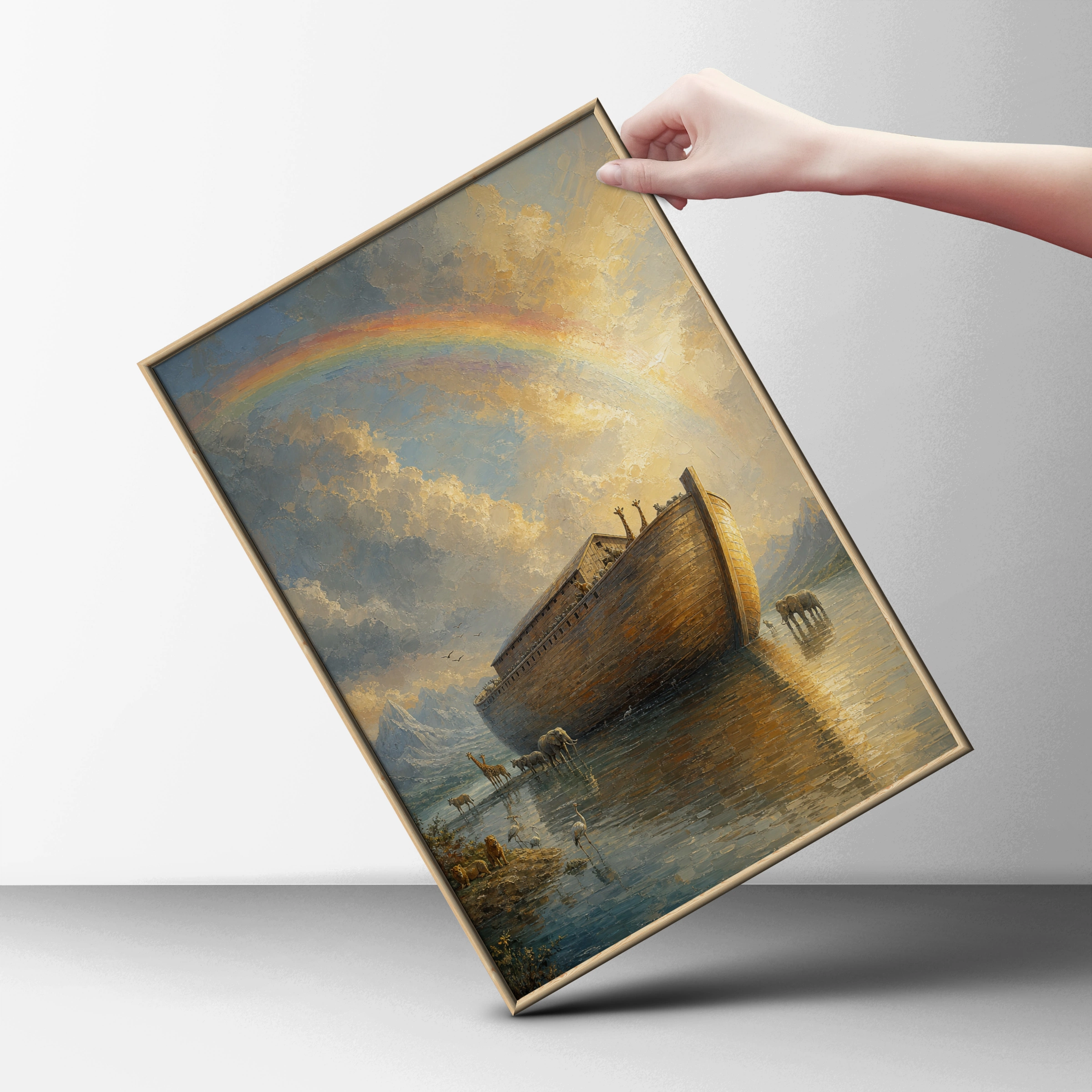 Noah's Ark Rainbow Poster, Biblical Wall Art, Christian Animals Print, Scripture Decor