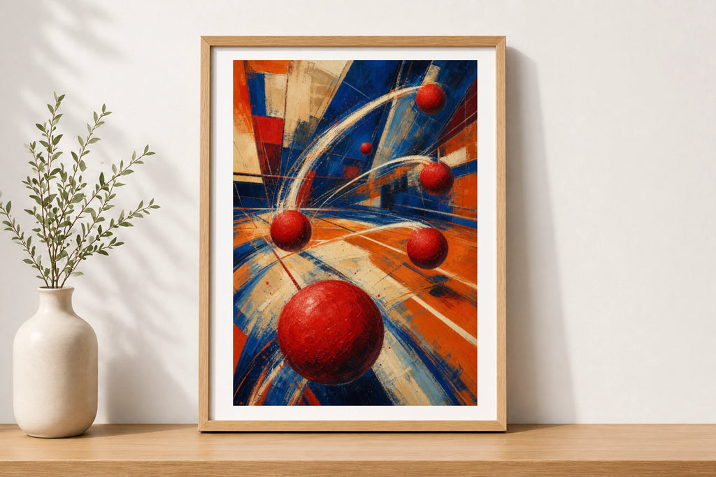 Dodgeball Abstract Art Poster, Dynamic Sports Wall Art, Red Blue Orange Print