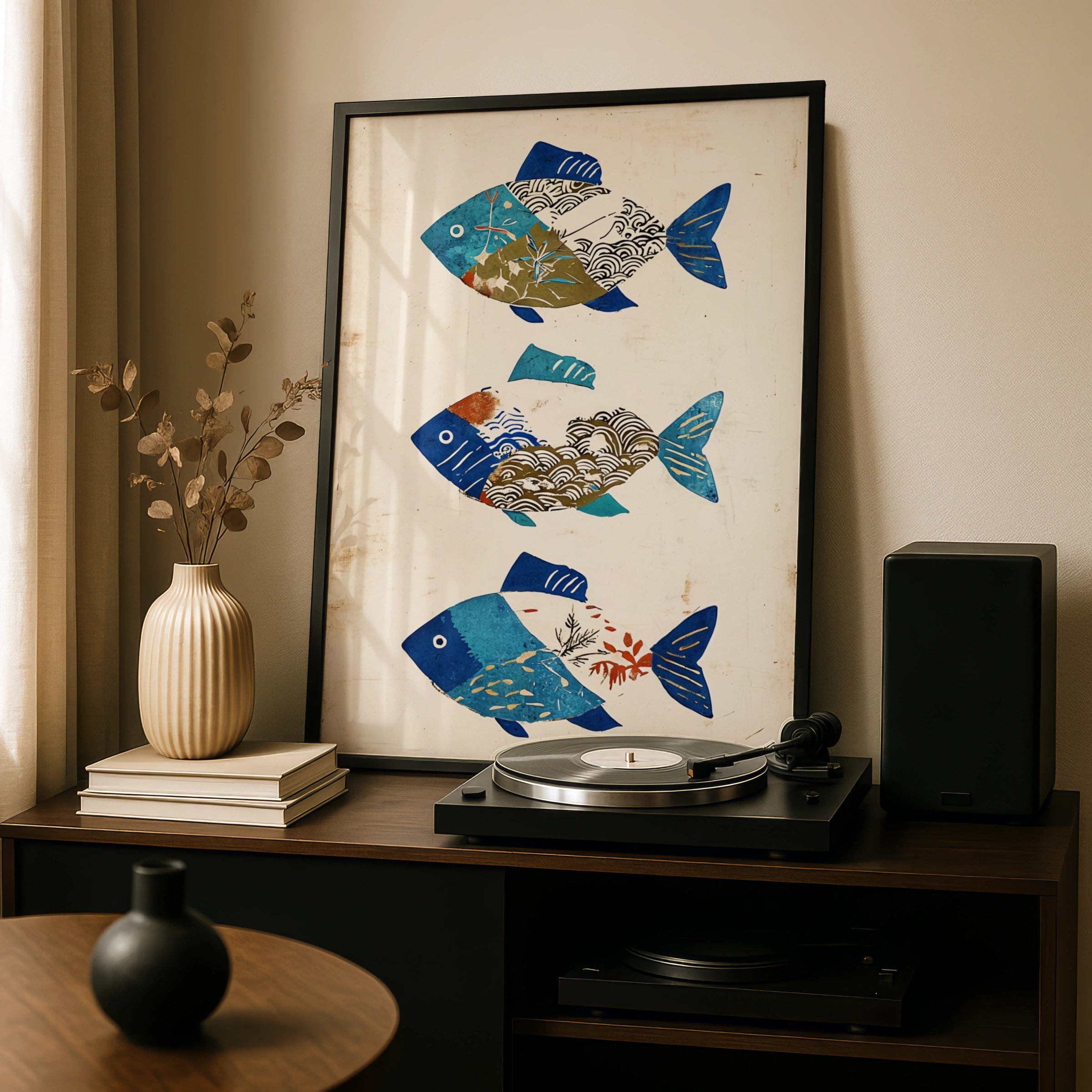 Japanese Pattern Fish Poster, Traditional Wave Art Print, Blue Botanical Wall Art
