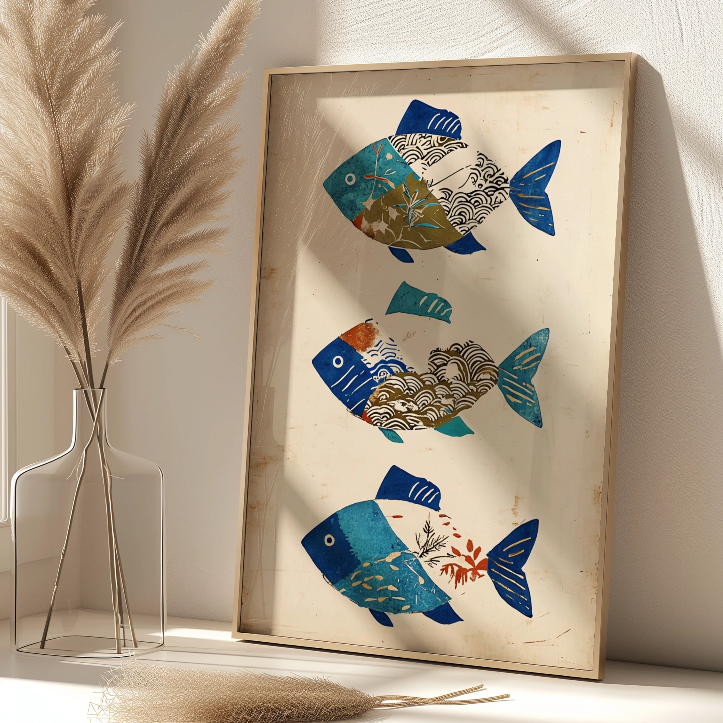 Japanese Pattern Fish Poster, Traditional Wave Art Print, Blue Botanical Wall Art