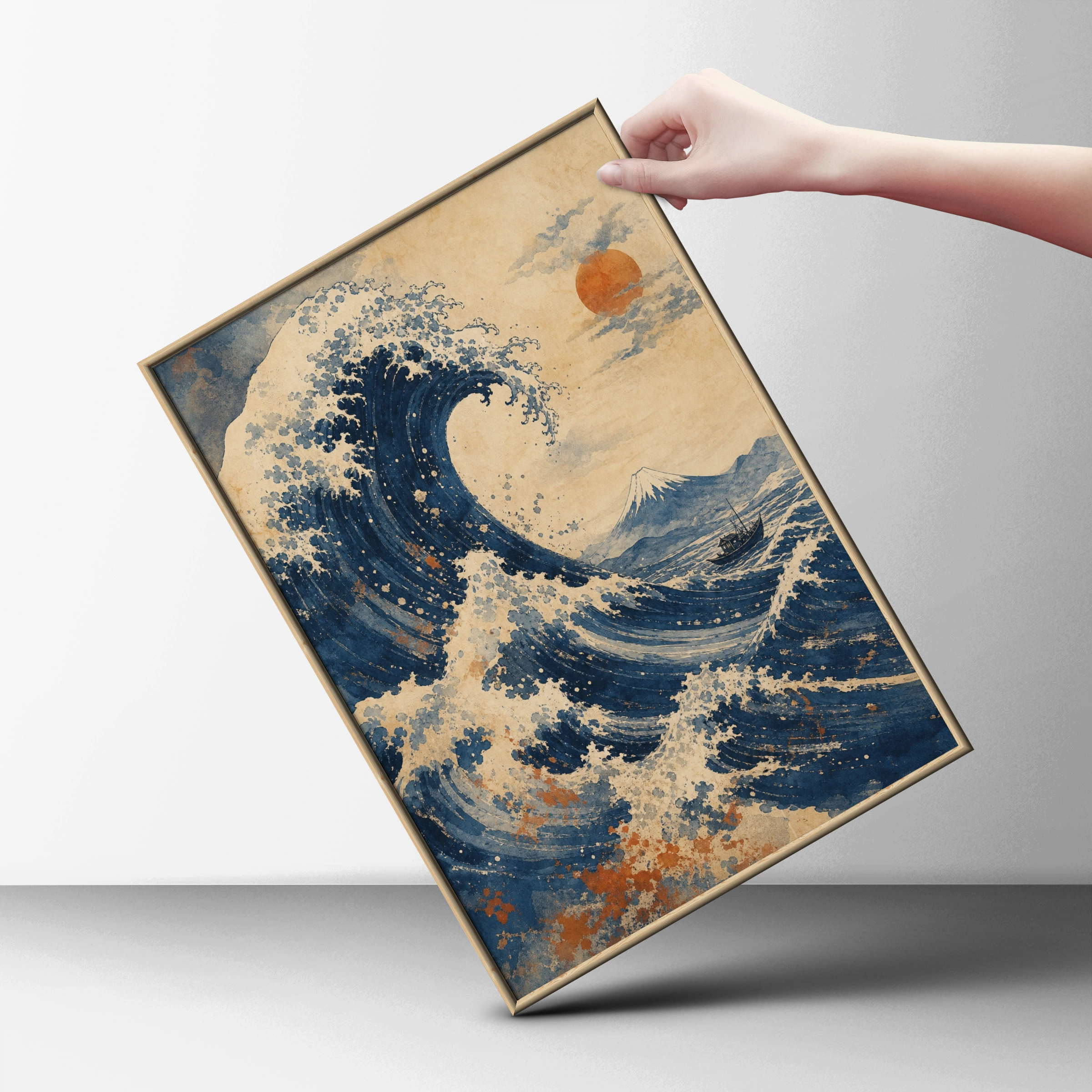 Great Wave Mount Fuji Poster, Japanese Woodblock Style Wall Art, Navy Blue Ocean Print