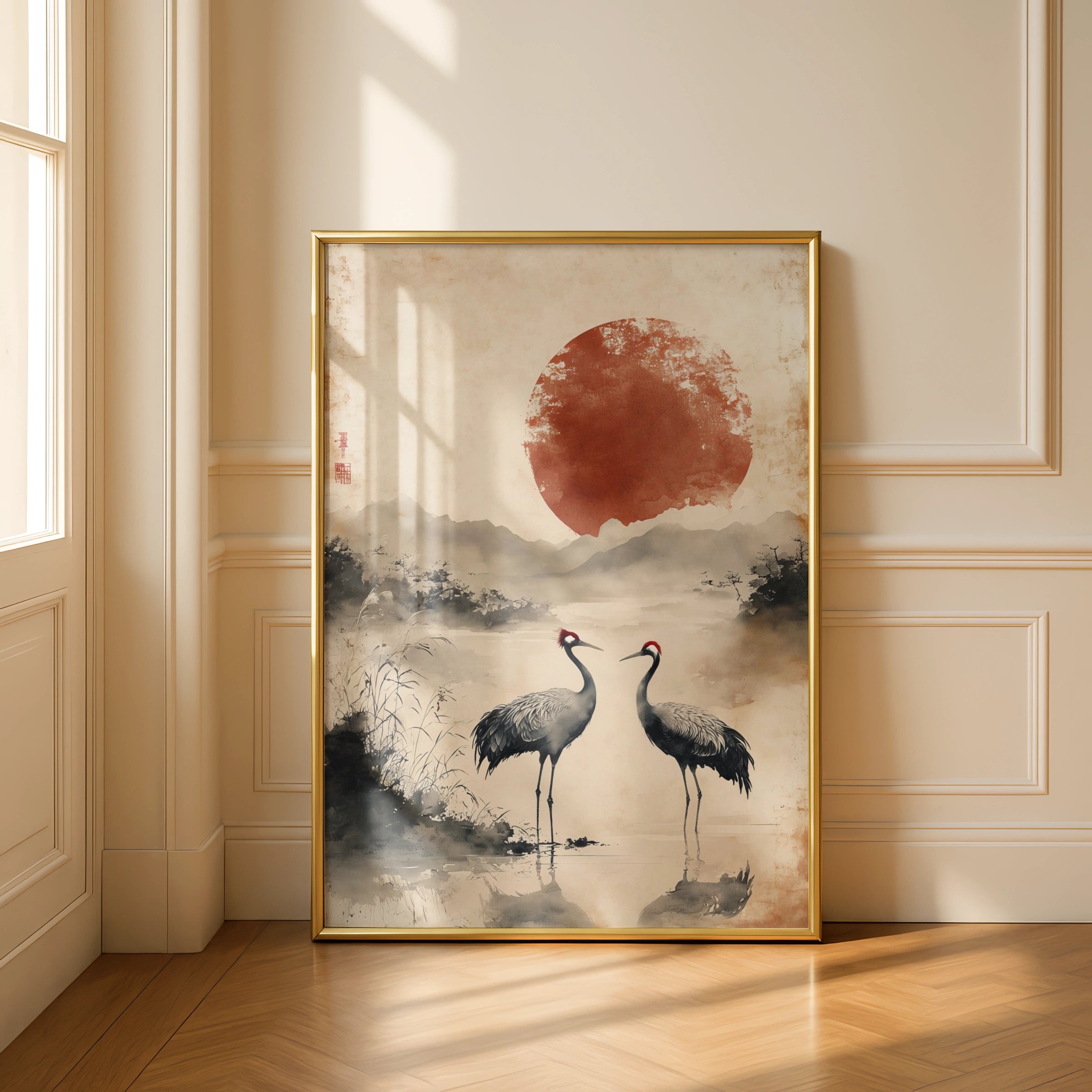 Japanese Crane Poster, Red Sun Wall Art, Ink Wash Bird Print, Zen Crane Decor