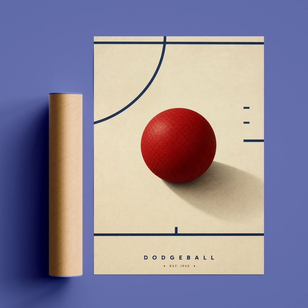 Minimalist Dodgeball Poster, Red Ball Sports Wall Art, Retro Gym Print, Navy Cream Decor