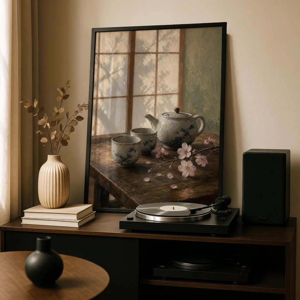 Japanese Teapot Cherry Blossom Still Life Wall Art, Zen Tea Poster, Calm Kitchen Decor