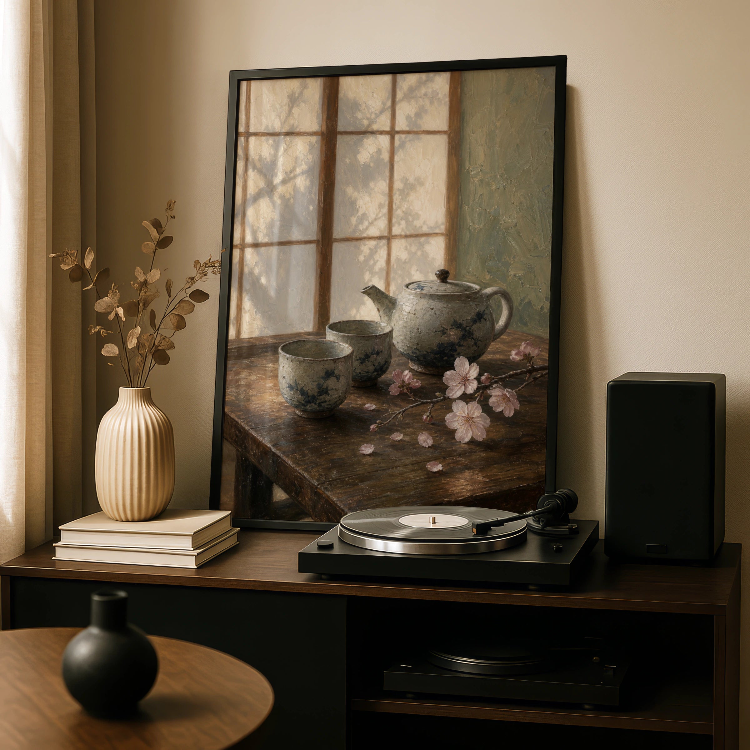 Japanese Teapot Cherry Blossom Still Life Wall Art, Zen Tea Poster, Calm Kitchen Decor
