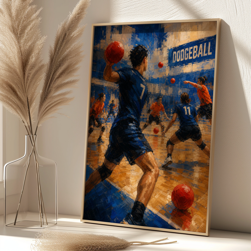 Dodgeball Team Match Poster, Sports Wall Art, Blue Orange Gym Print, Action