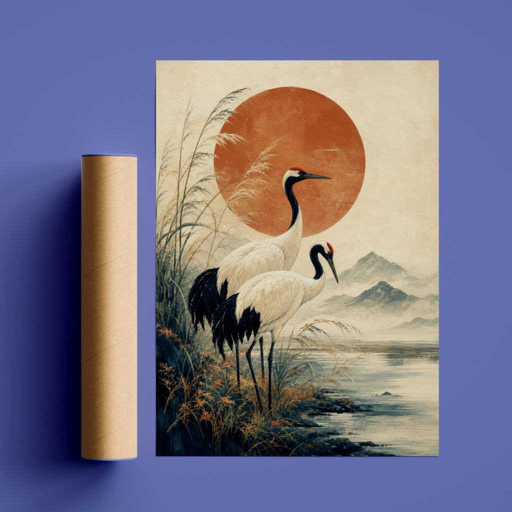 Japanese Crane Poster, Red Sun Wall Art, Woodblock Style Bird Print, Zen Home Decor