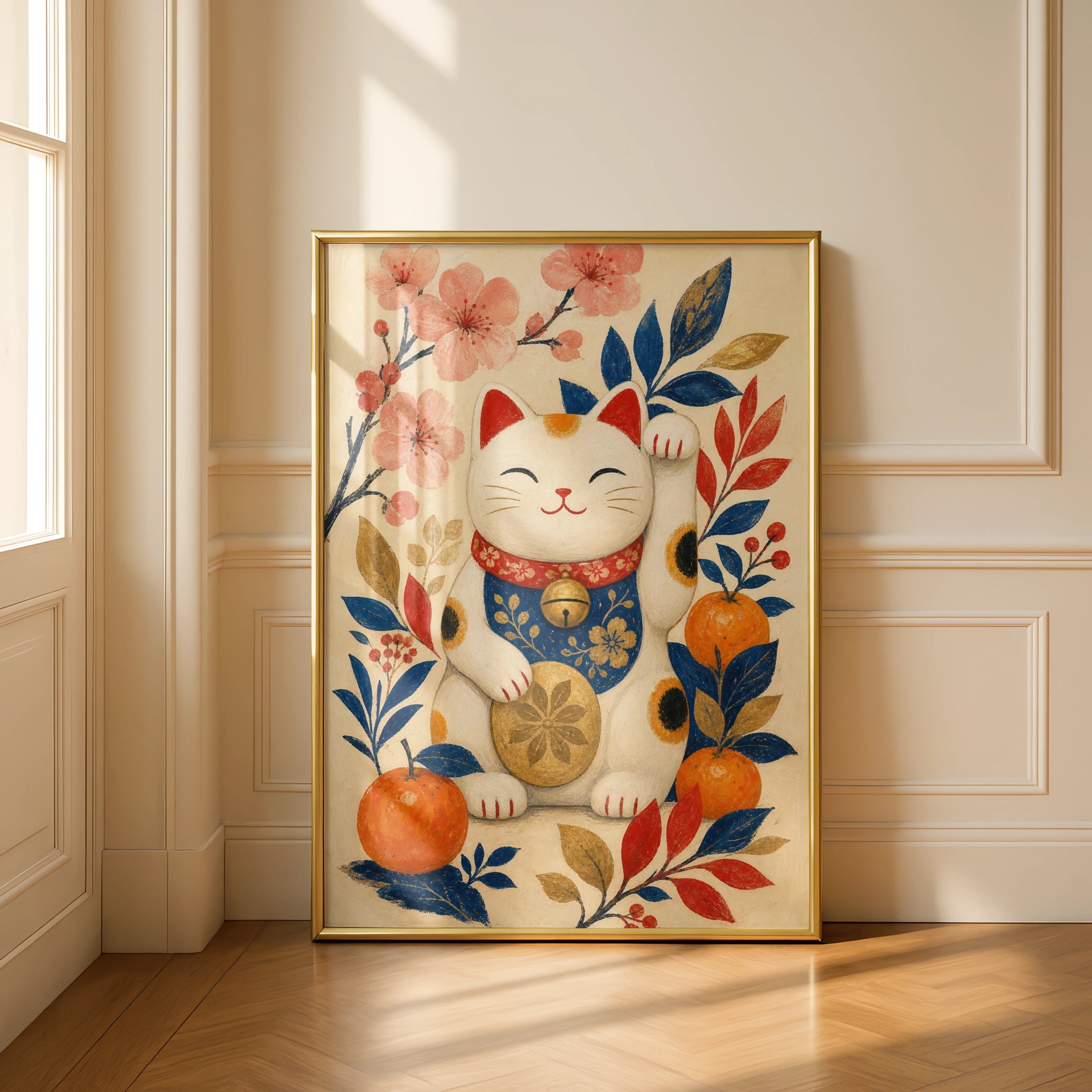 Maneki Neko Lucky Cat Poster, Japanese Wall Art, Floral Cat Print, Good Luck