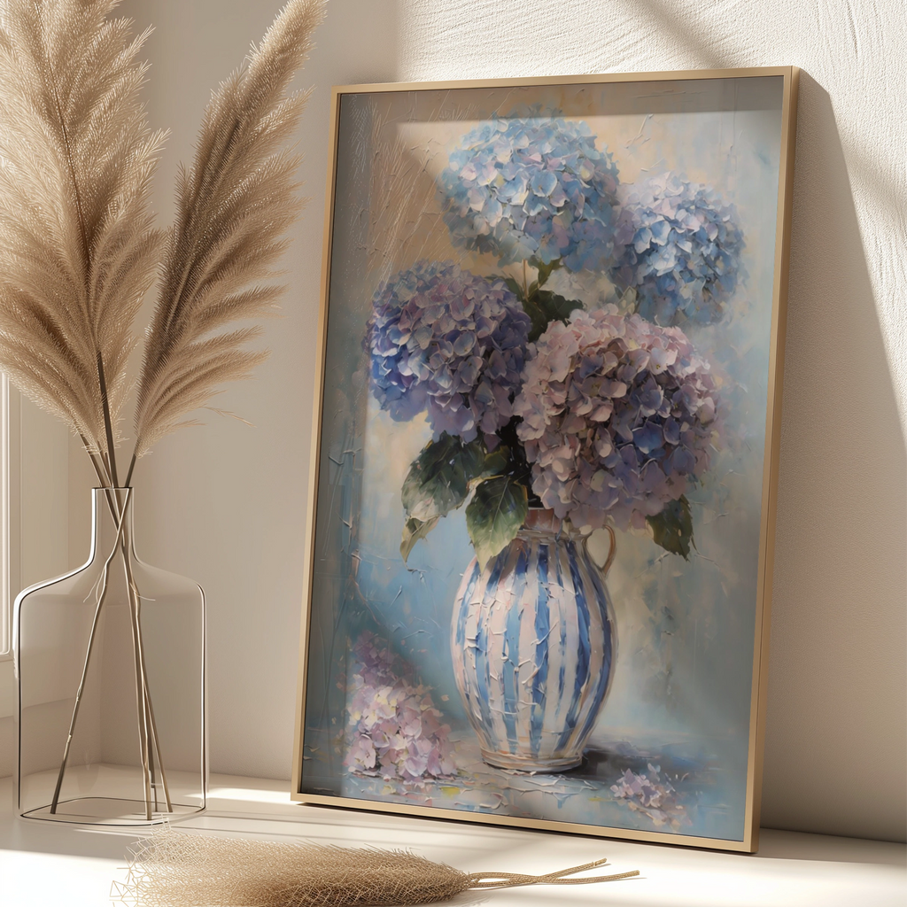 Pastel Hydrangea Floral Poster, Blue Purple Pink Bouquet, Striped Vase Wall Art