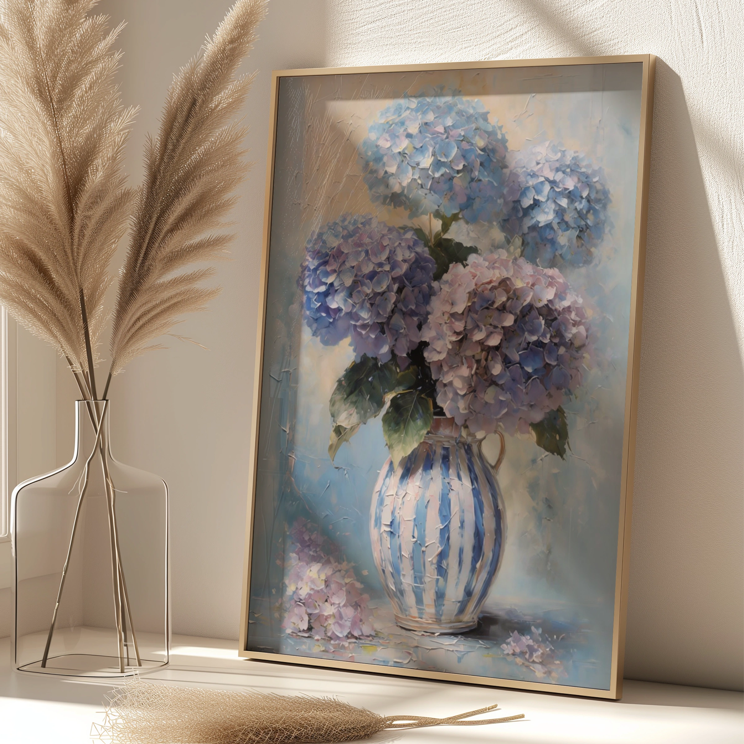 Pastel Hydrangea Floral Poster, Blue Purple Pink Bouquet, Striped Vase Wall Art
