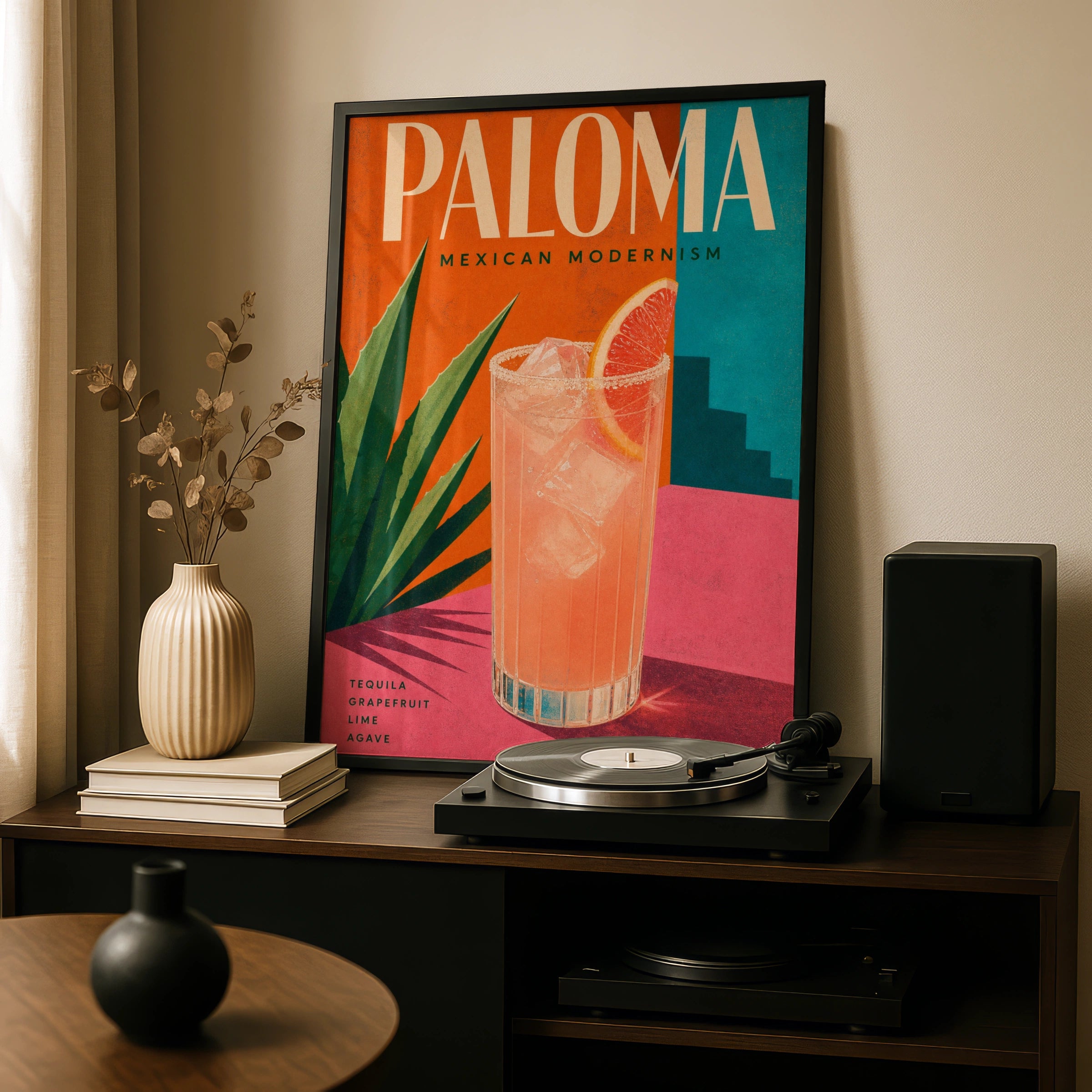 Paloma Cocktail Poster, Mexican Modernism Bar Wall Art, Tequila Grapefruit Print