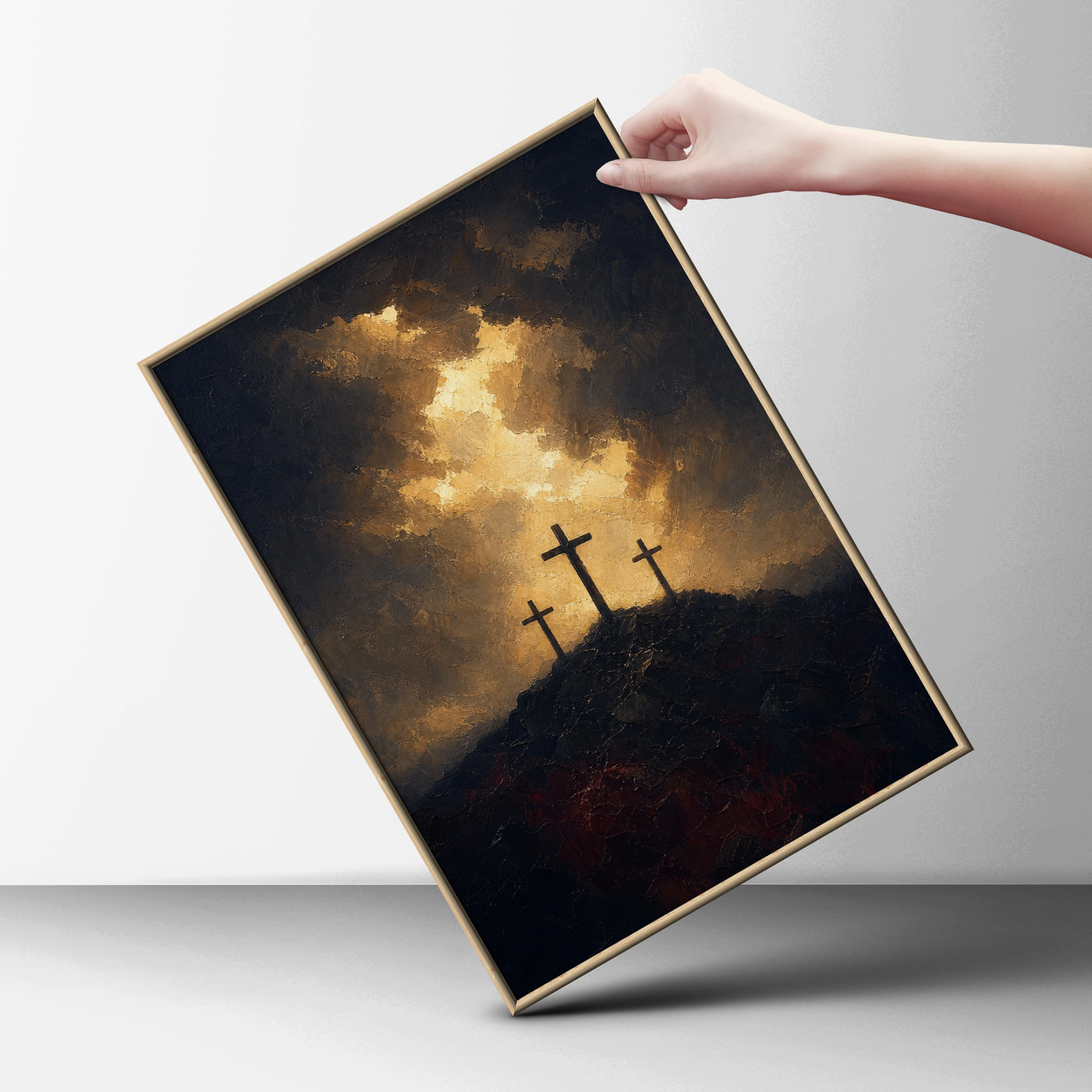 Three Crosses Calvary Wall Art, Crucifixion Poster, Christian Religious Print, Dark Dramatic Gold