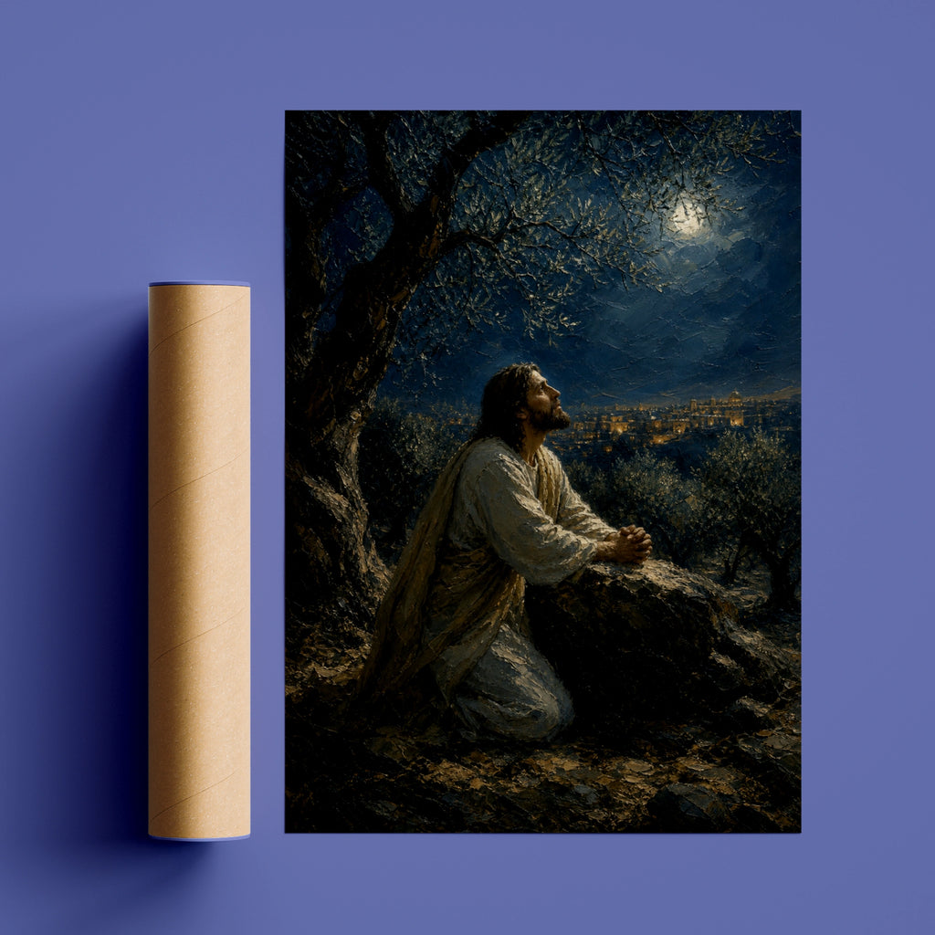 Jesus Praying in Gethsemane Poster, Christian Wall Art, Biblical Oil Painting Print