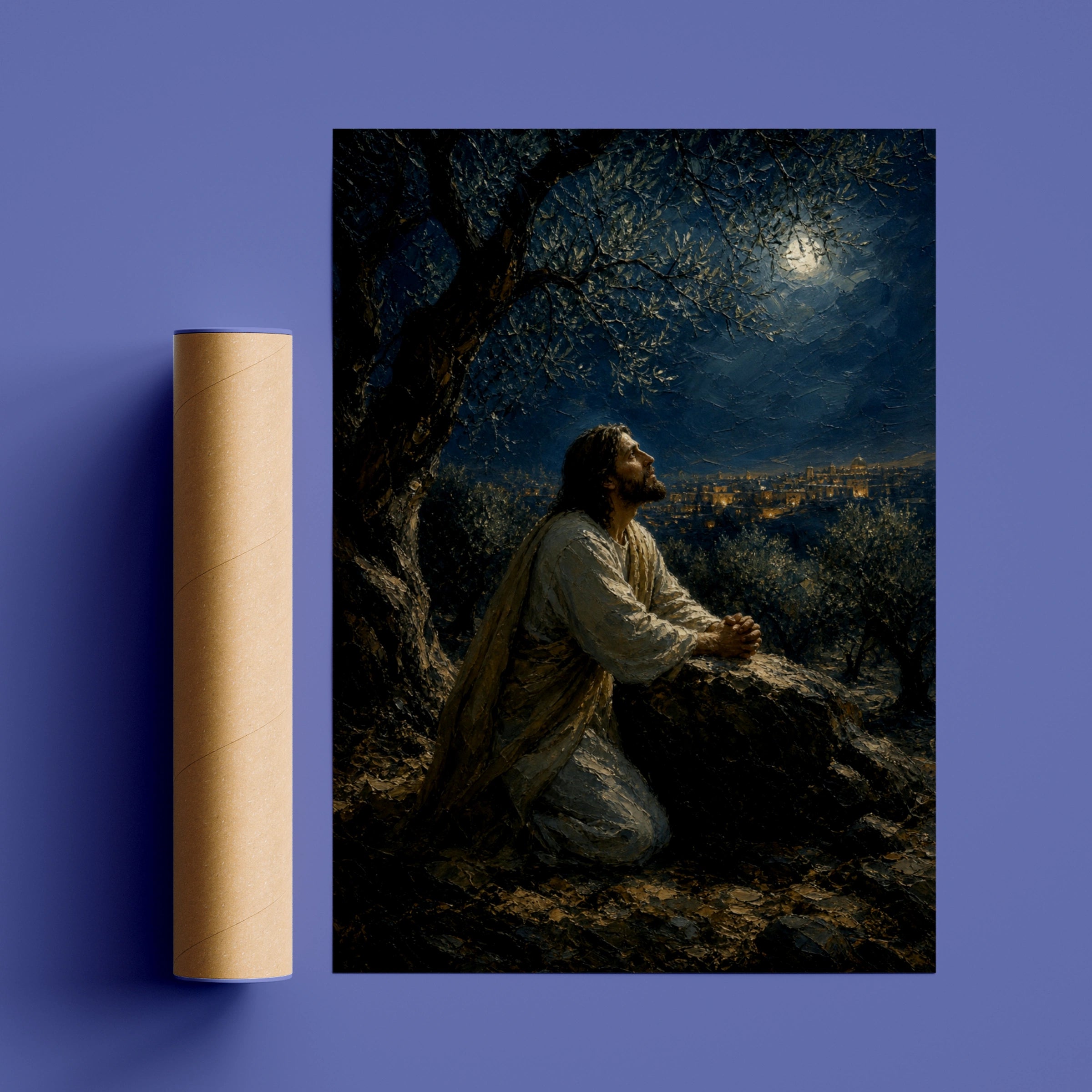 Jesus Praying in Gethsemane Poster, Christian Wall Art, Biblical Oil Painting Print