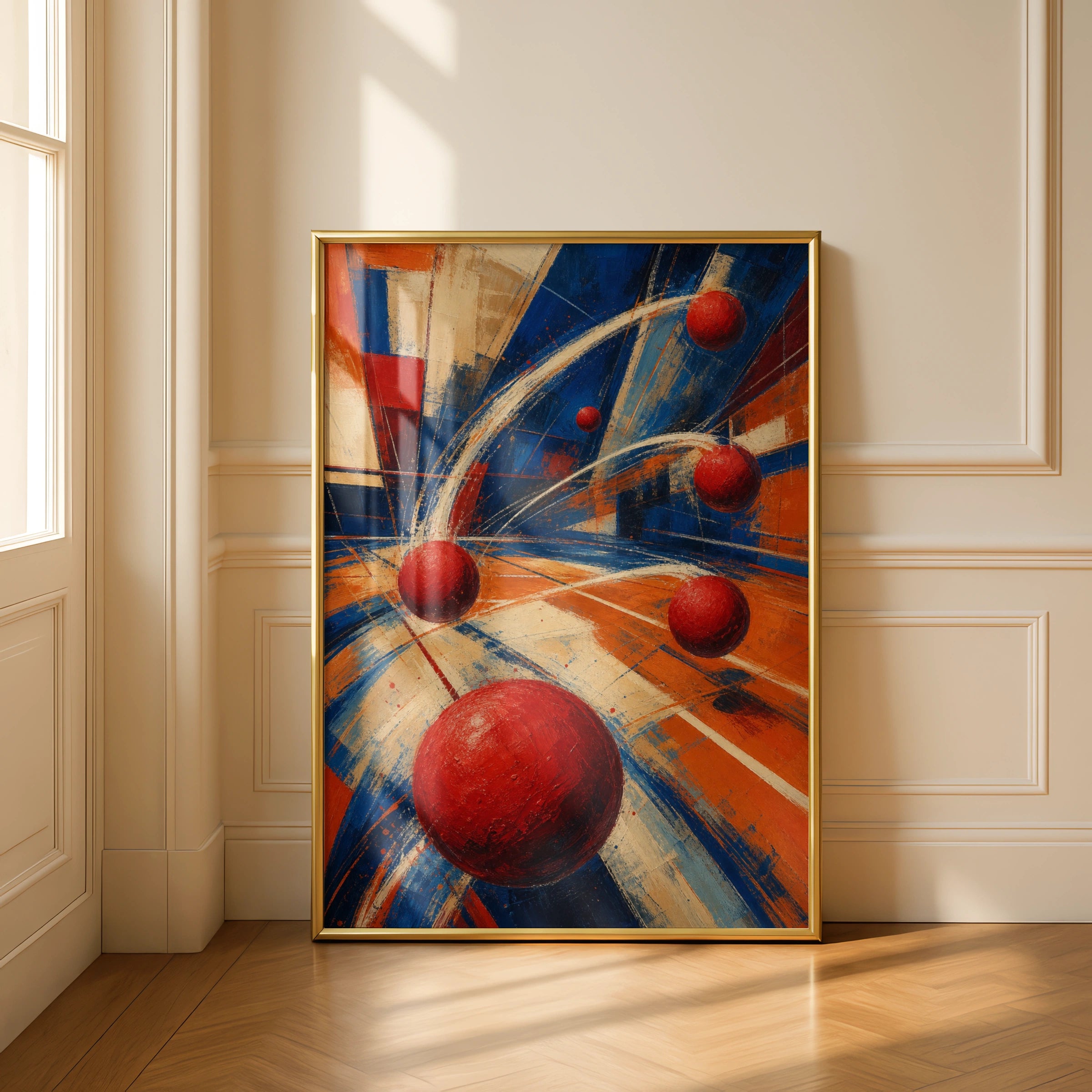 Dodgeball Abstract Art Poster, Dynamic Sports Wall Art, Red Blue Orange Print