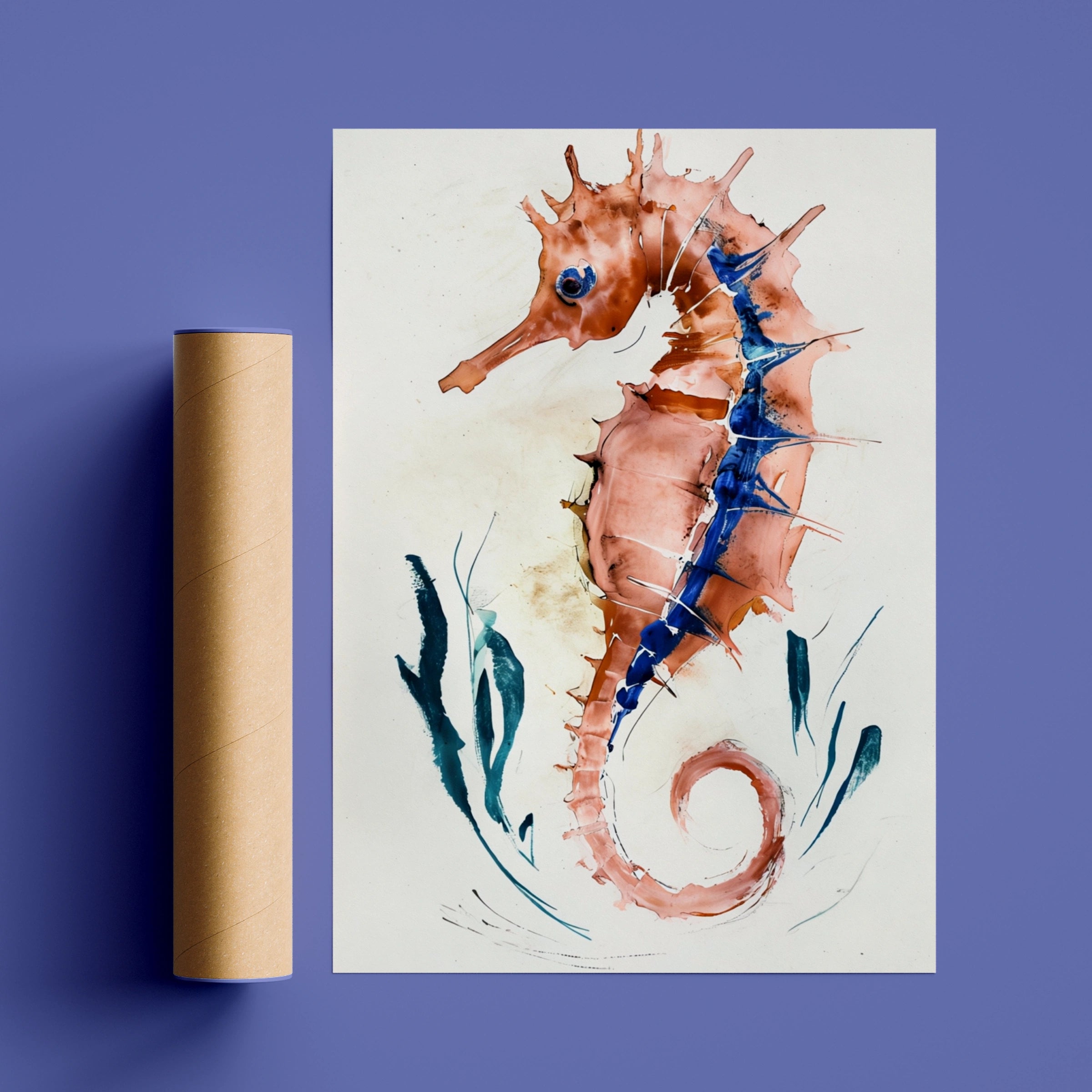 Abstract Seahorse Poster, Watercolour Ocean Wall Art, Terracotta Blue Coastal Print