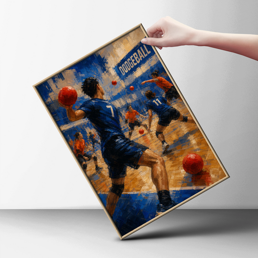 Dodgeball Team Match Poster, Sports Wall Art, Blue Orange Gym Print, Action