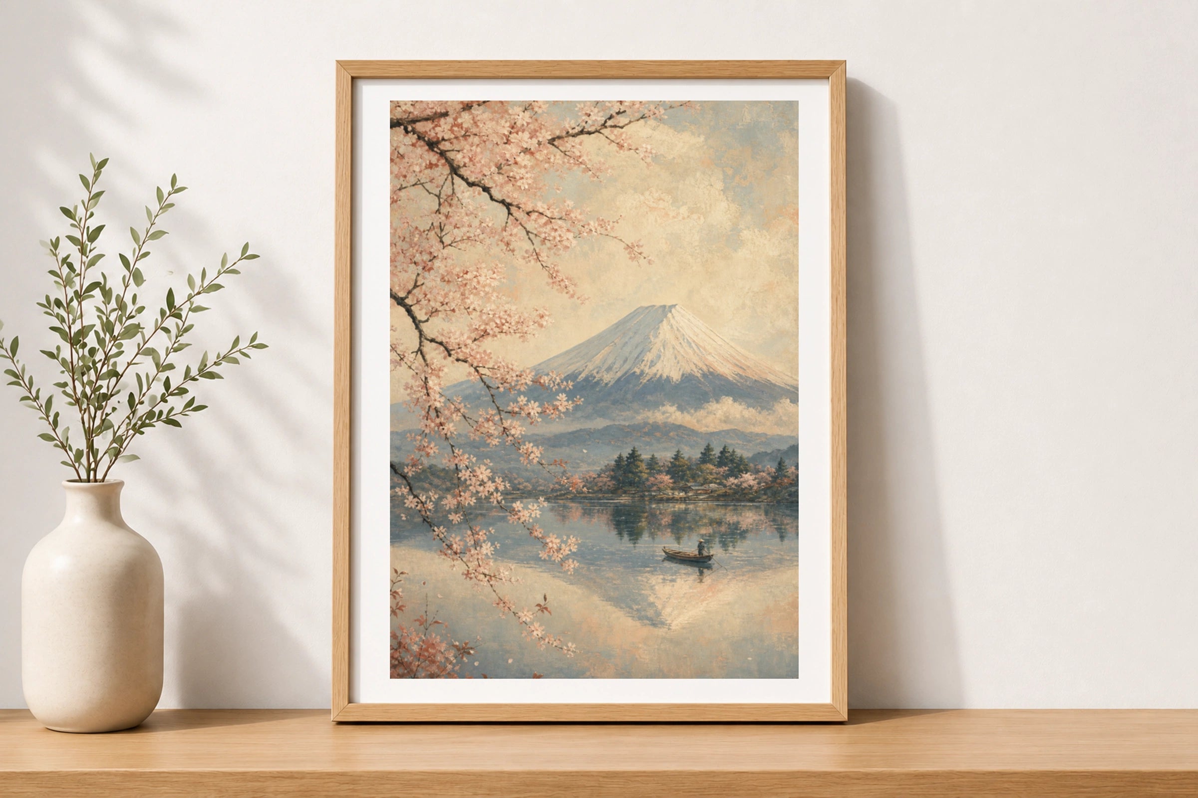 Mount Fuji Cherry Blossom Poster, Japanese Wall Art, Vintage Sakura Lake Print
