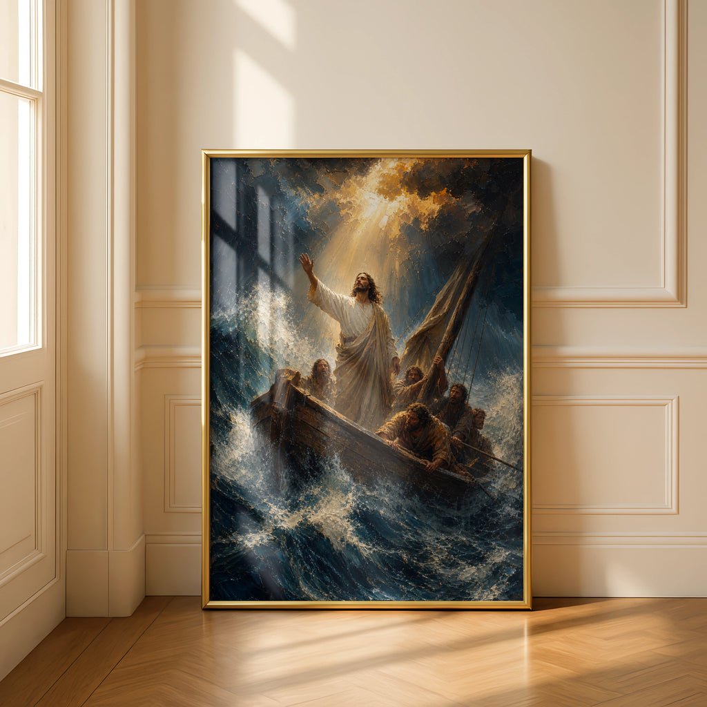 Jesus Calms the Storm Poster, Biblical Wall Art, Christian Faith Print, Miracle Sea