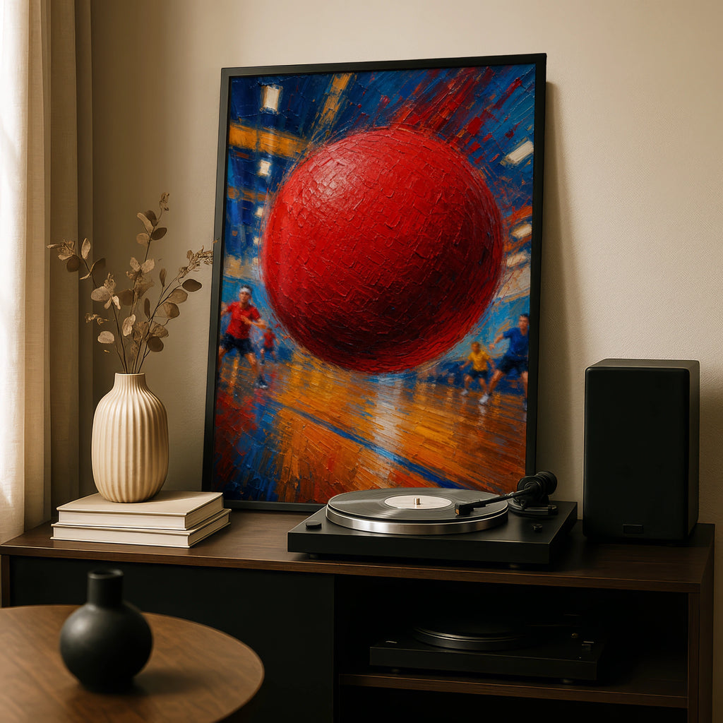 Dodgeball Art Poster, Red Ball Action Print, Sports Wall Art, Bold Oil Painting Style