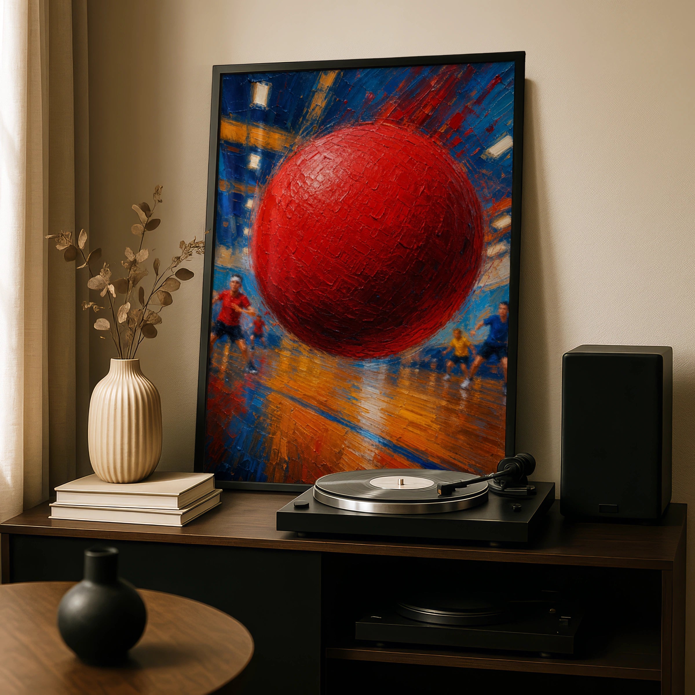Dodgeball Art Poster, Red Ball Action Print, Sports Wall Art, Bold Oil Painting Style