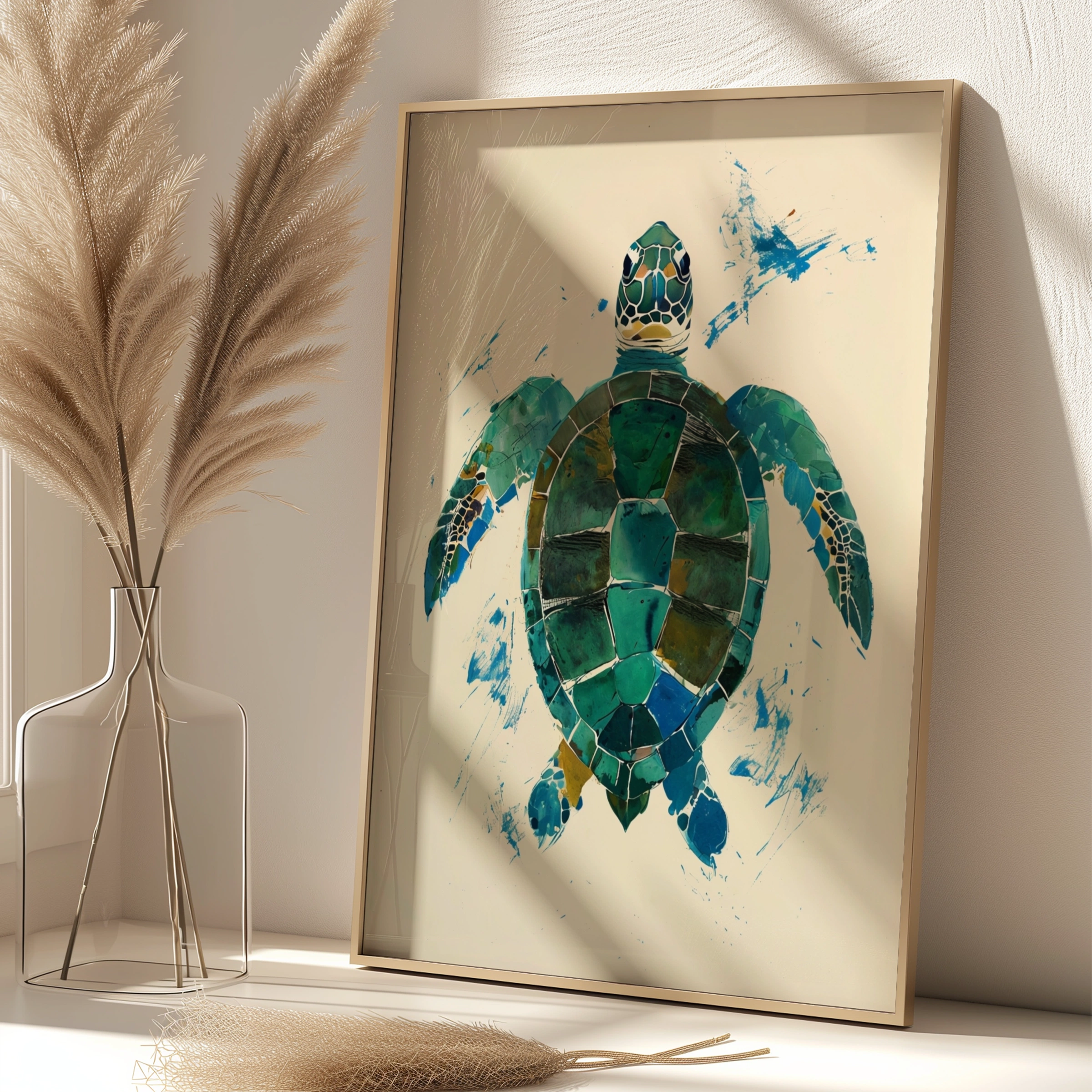 Abstract Sea Turtle Poster, Teal Green Ocean Animal Wall Art, Coastal Print