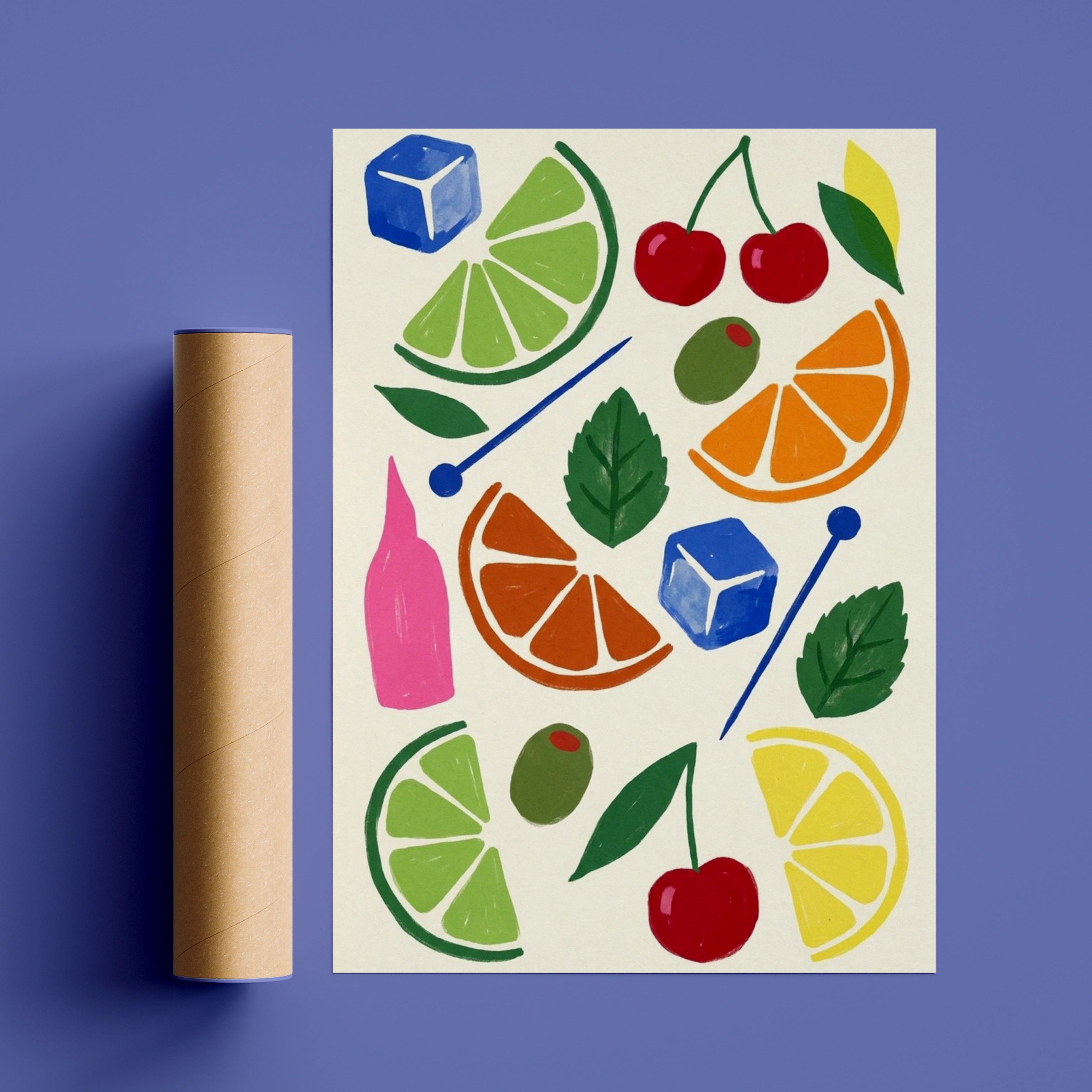 Cocktail Garnish Pattern Poster, Bar Cart Wall Art, Citrus Cherry Olive Print