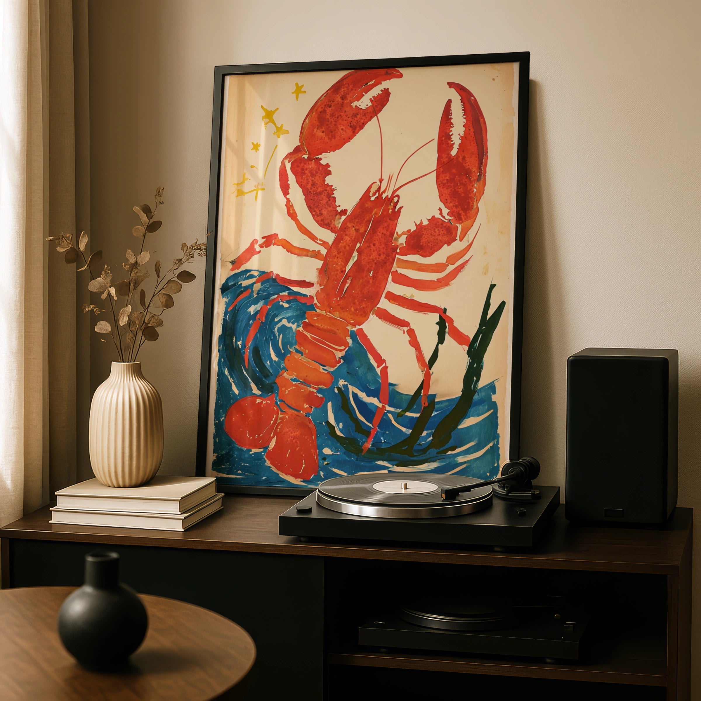 Abstract Lobster Poster, Red Lobster Wall Art, Vintage Ocean Print, Coastal Sea Creature Decor