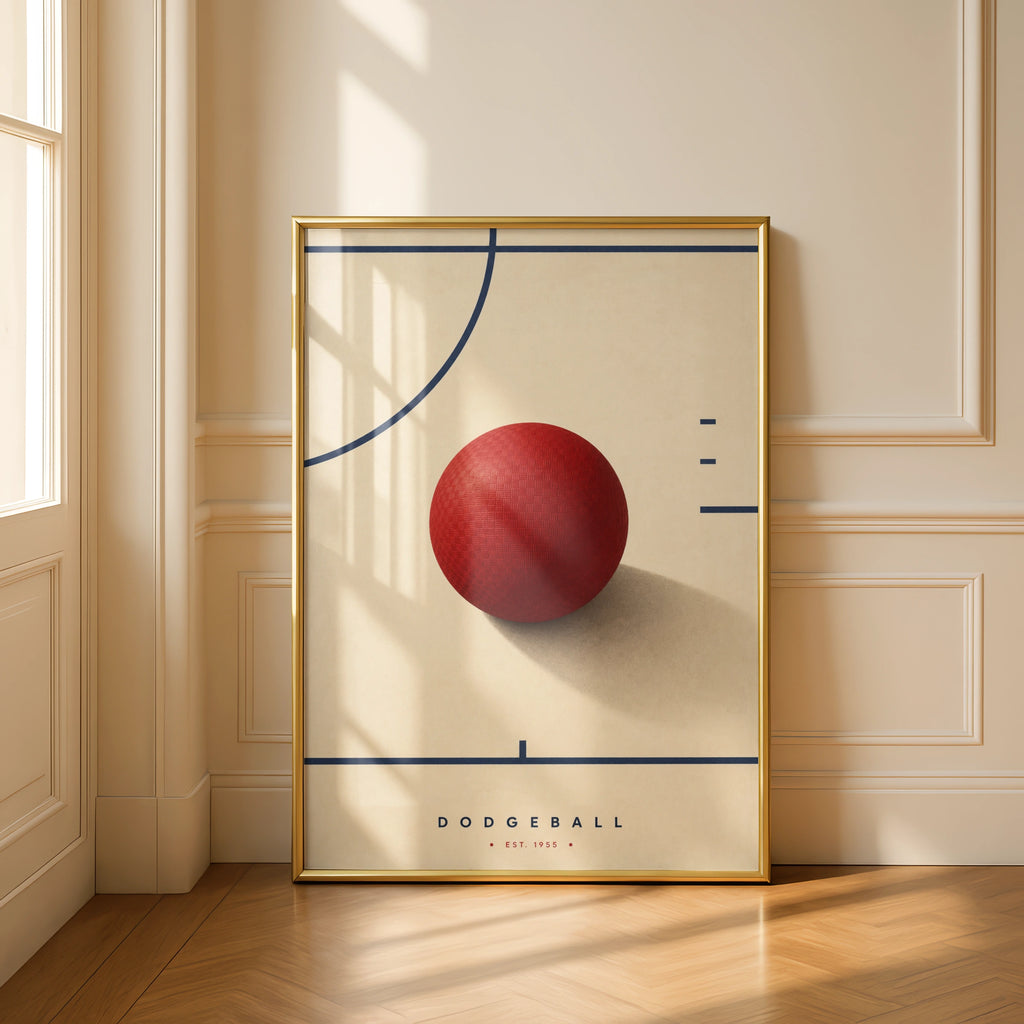 Minimalist Dodgeball Poster, Red Ball Sports Wall Art, Retro Gym Print, Navy Cream Decor