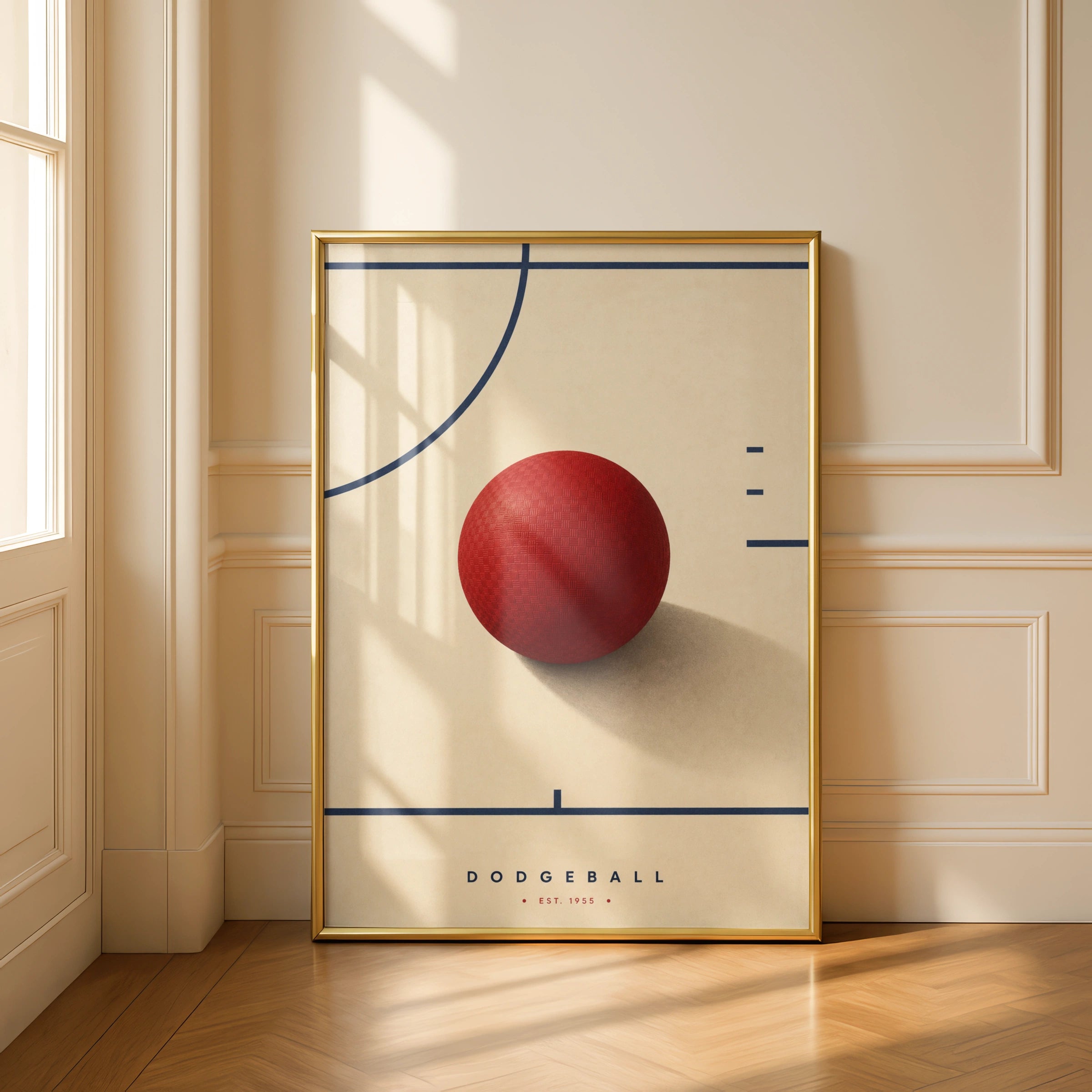Minimalist Dodgeball Poster, Red Ball Sports Wall Art, Retro Gym Print, Navy Cream Decor