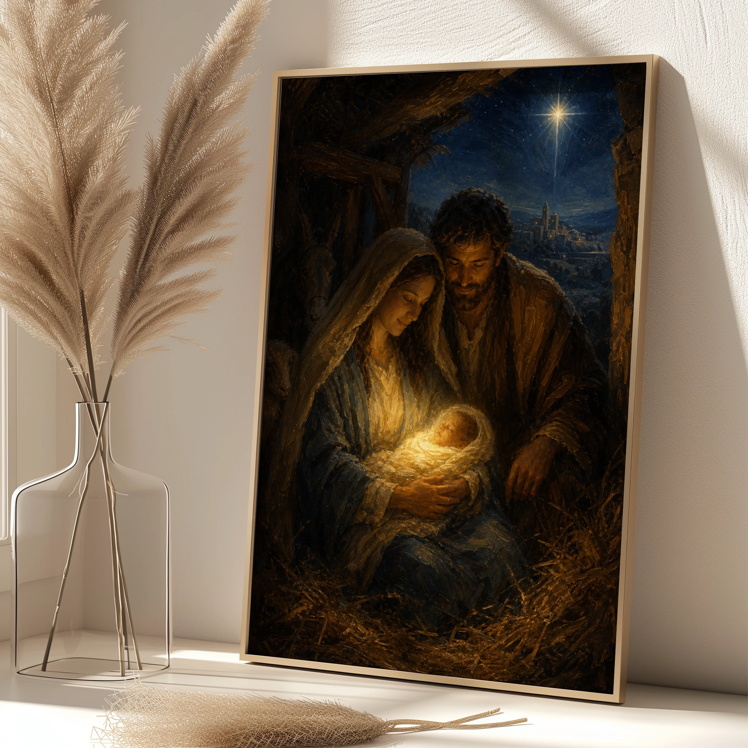 Nativity Scene Poster, Birth of Jesus Wall Art, Holy Family Christmas Print, Religious Christian