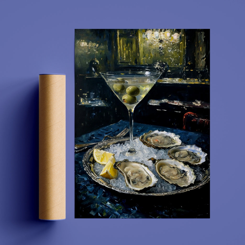 Martini Oysters Moody Still Life Poster, Dark Cocktail Bar Wall Art Print