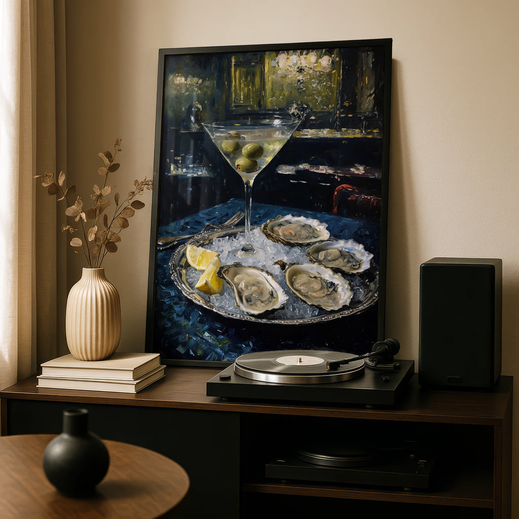 Martini Oysters Moody Still Life Poster, Dark Cocktail Bar Wall Art Print