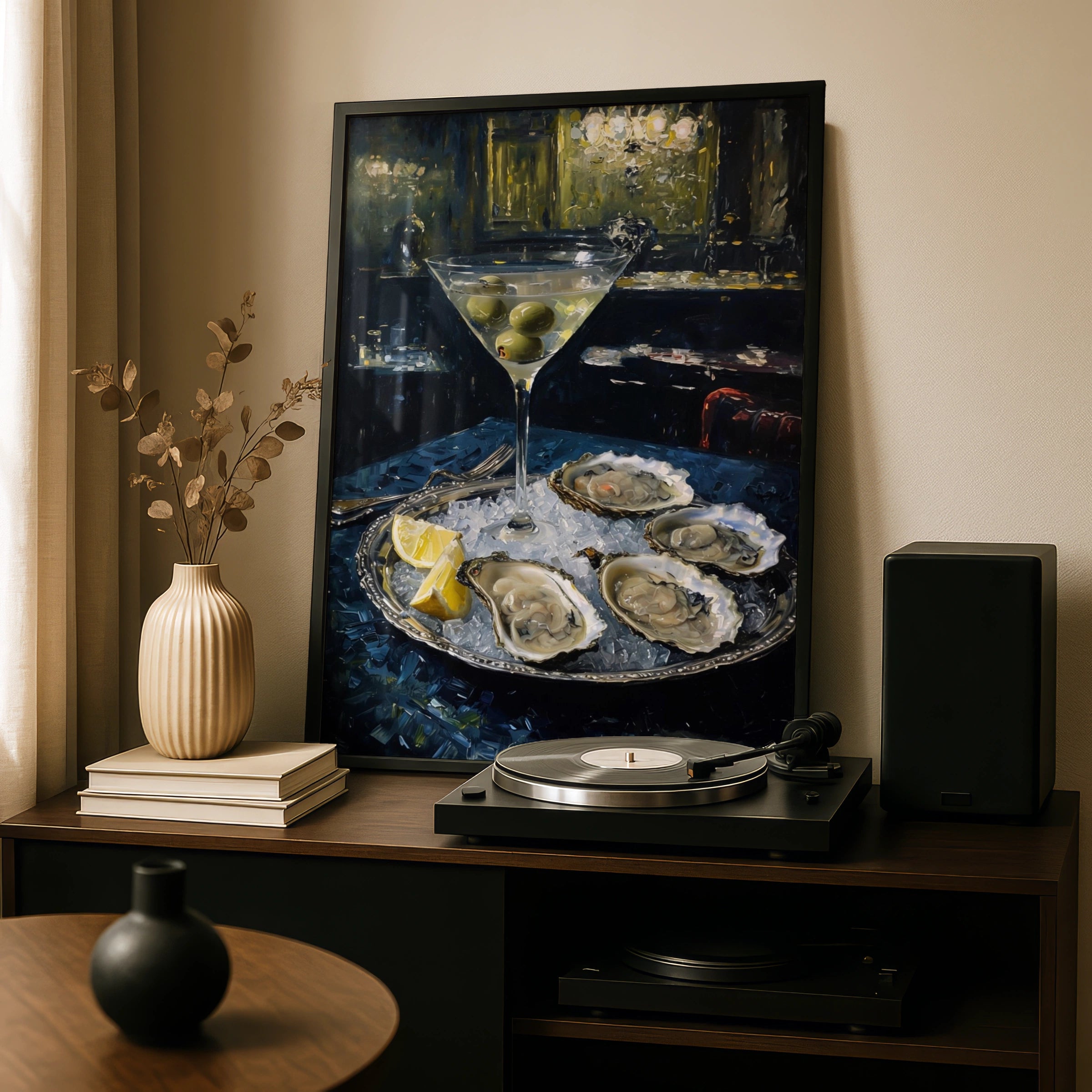 Martini Oysters Moody Still Life Poster, Dark Cocktail Bar Wall Art Print