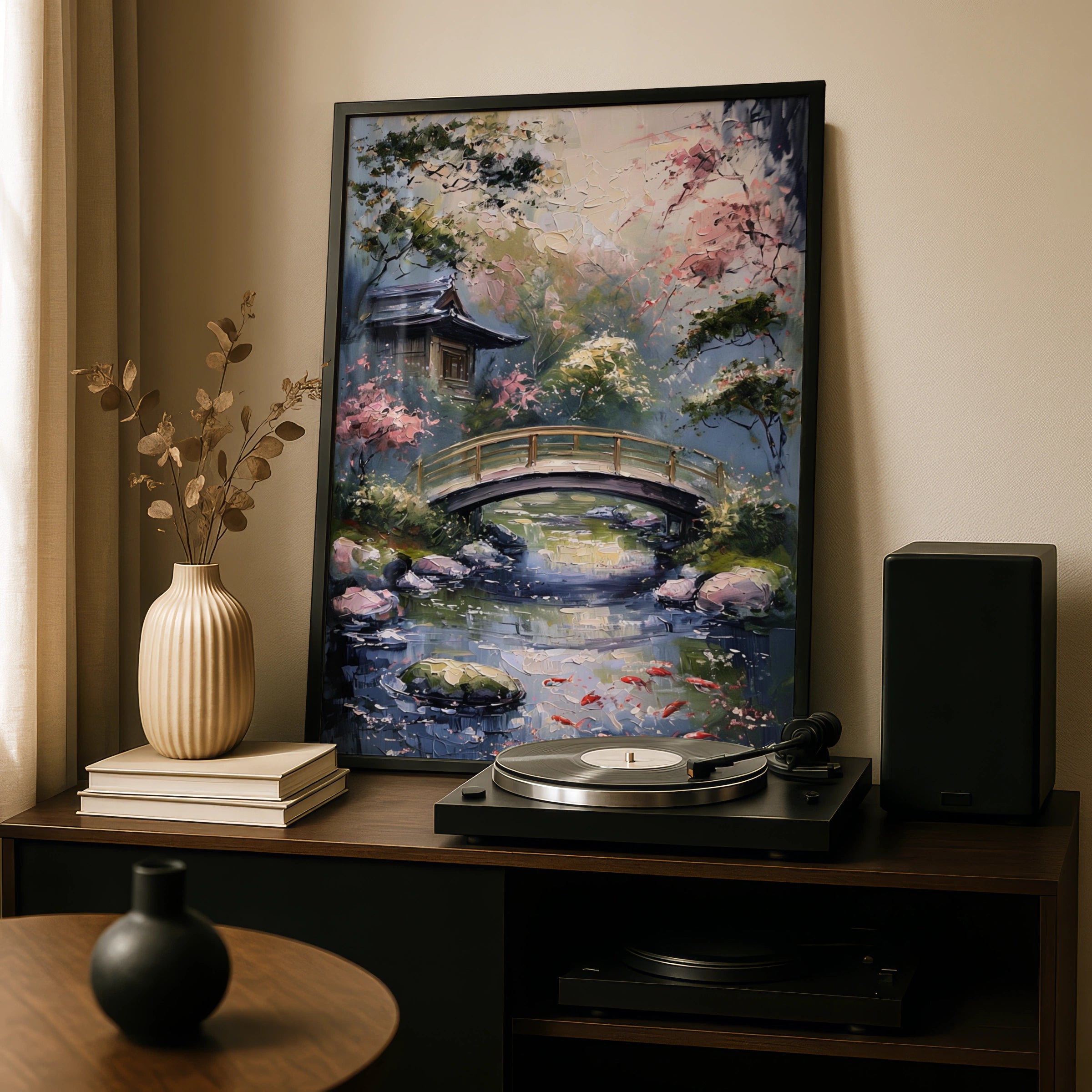Japanese Garden Koi Pond Poster, Bridge Blossom Wall Art, Zen Nature Print