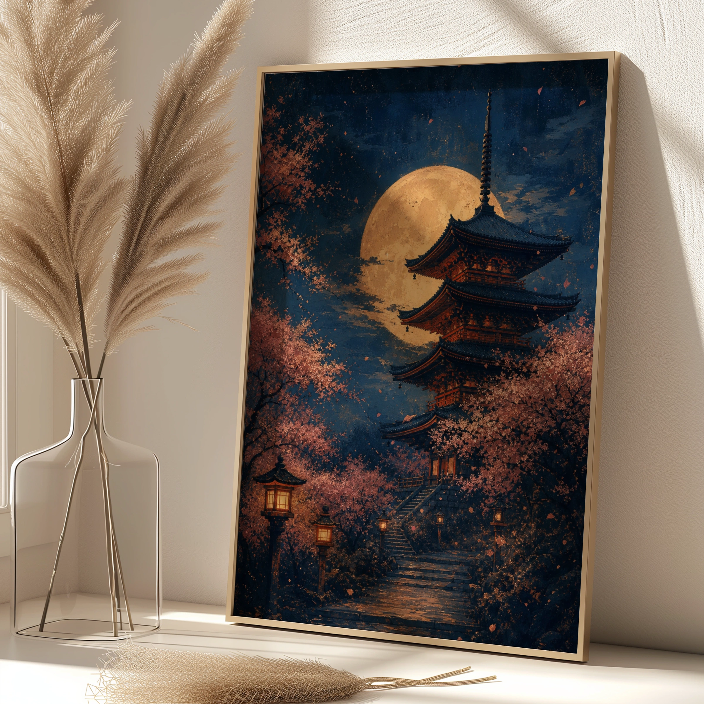 Japanese Pagoda Full Moon Poster, Cherry Blossom Night Wall Art, Sakura Print