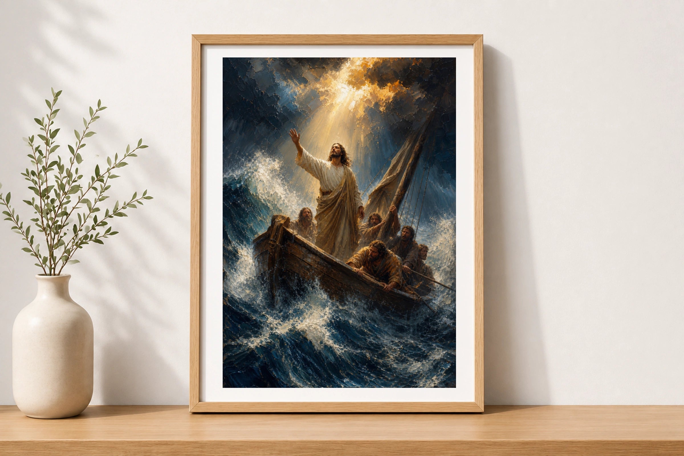 Jesus Calms the Storm Poster, Biblical Wall Art, Christian Faith Print, Miracle Sea