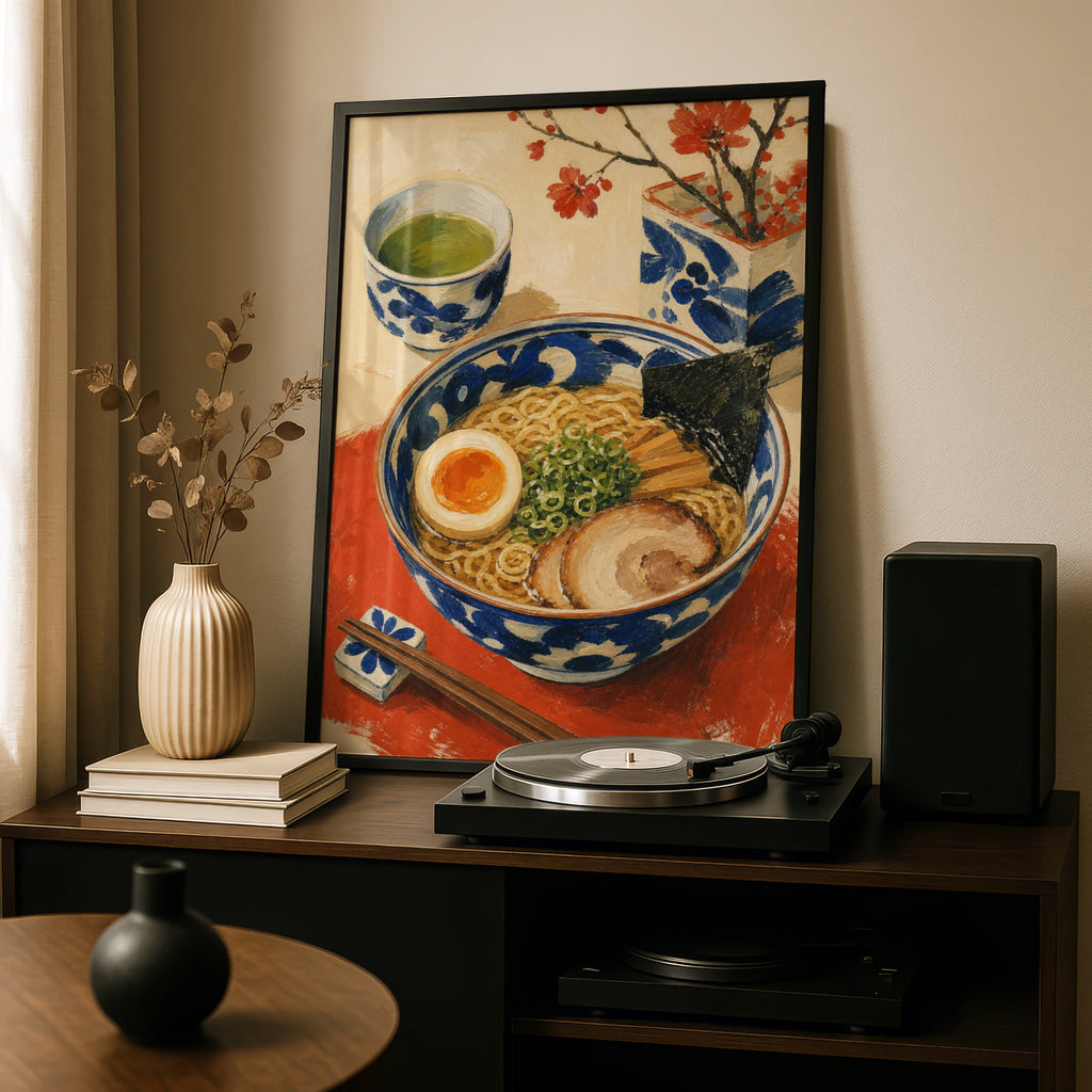 Japanese Ramen Bowl Poster, Green Tea Cherry Blossom Wall Art, Food Kitchen Print