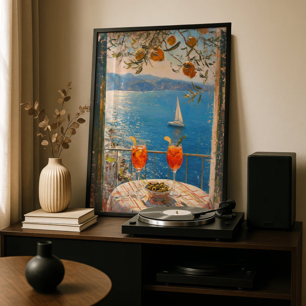 Mediterranean Aperitivo Sea View Poster, Italian Spritz Balcony Wall Art Print