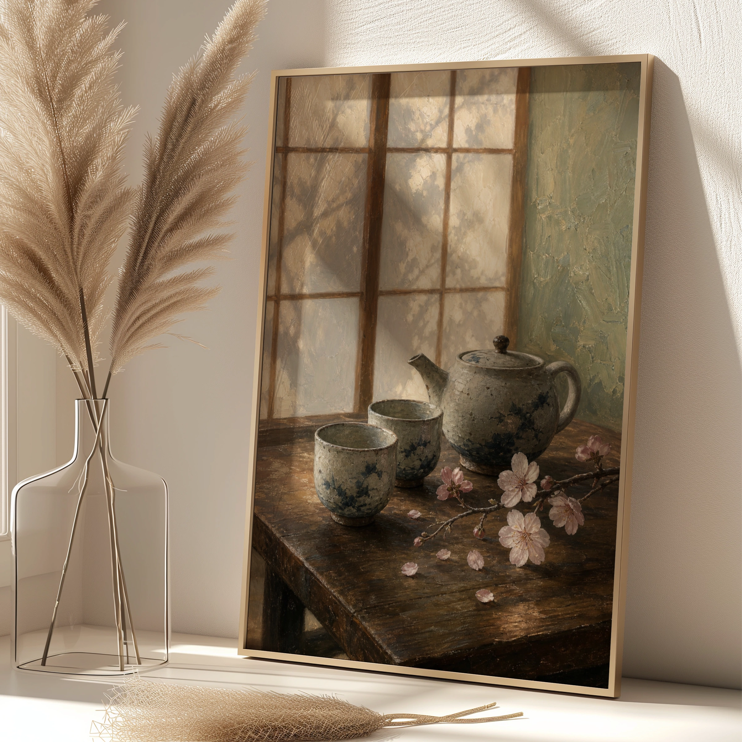 Japanese Teapot Cherry Blossom Still Life Wall Art, Zen Tea Poster, Calm Kitchen Decor