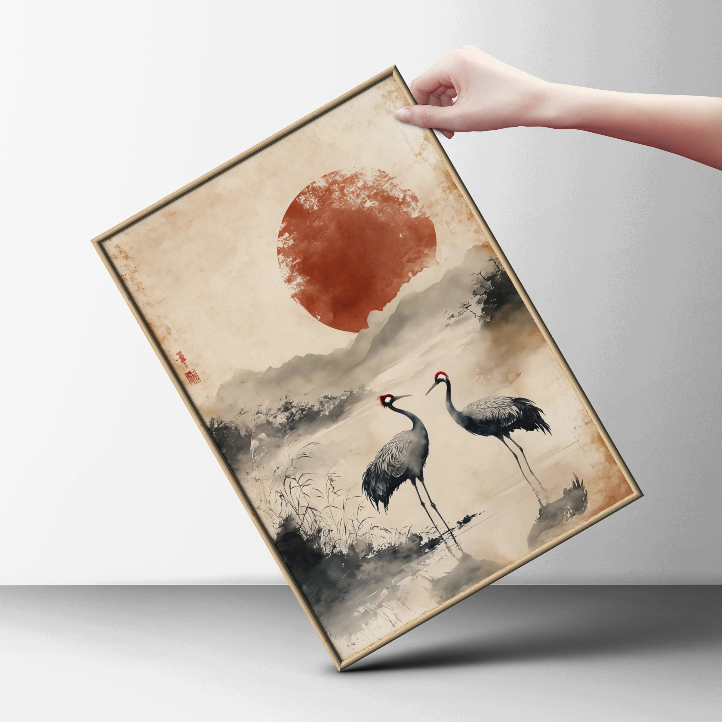 Japanese Crane Poster, Red Sun Wall Art, Ink Wash Bird Print, Zen Crane Decor