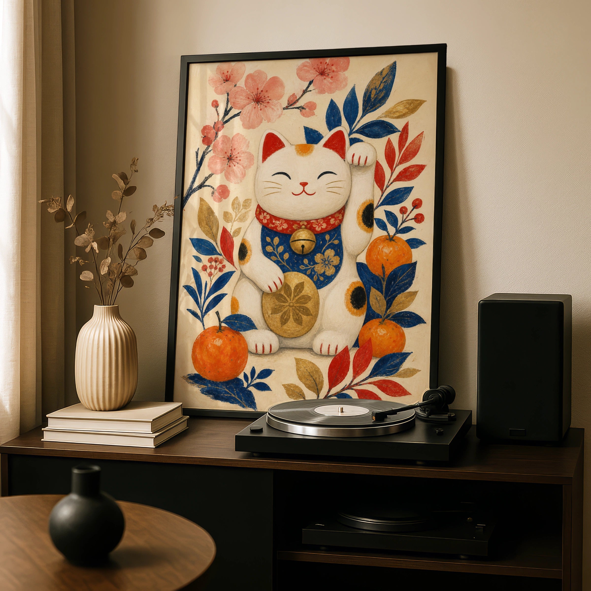 Maneki Neko Lucky Cat Poster, Japanese Wall Art, Floral Cat Print, Good Luck