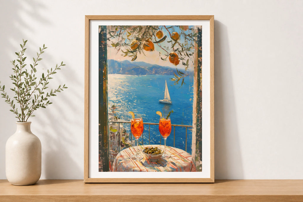 Mediterranean Aperitivo Sea View Poster, Italian Spritz Balcony Wall Art Print