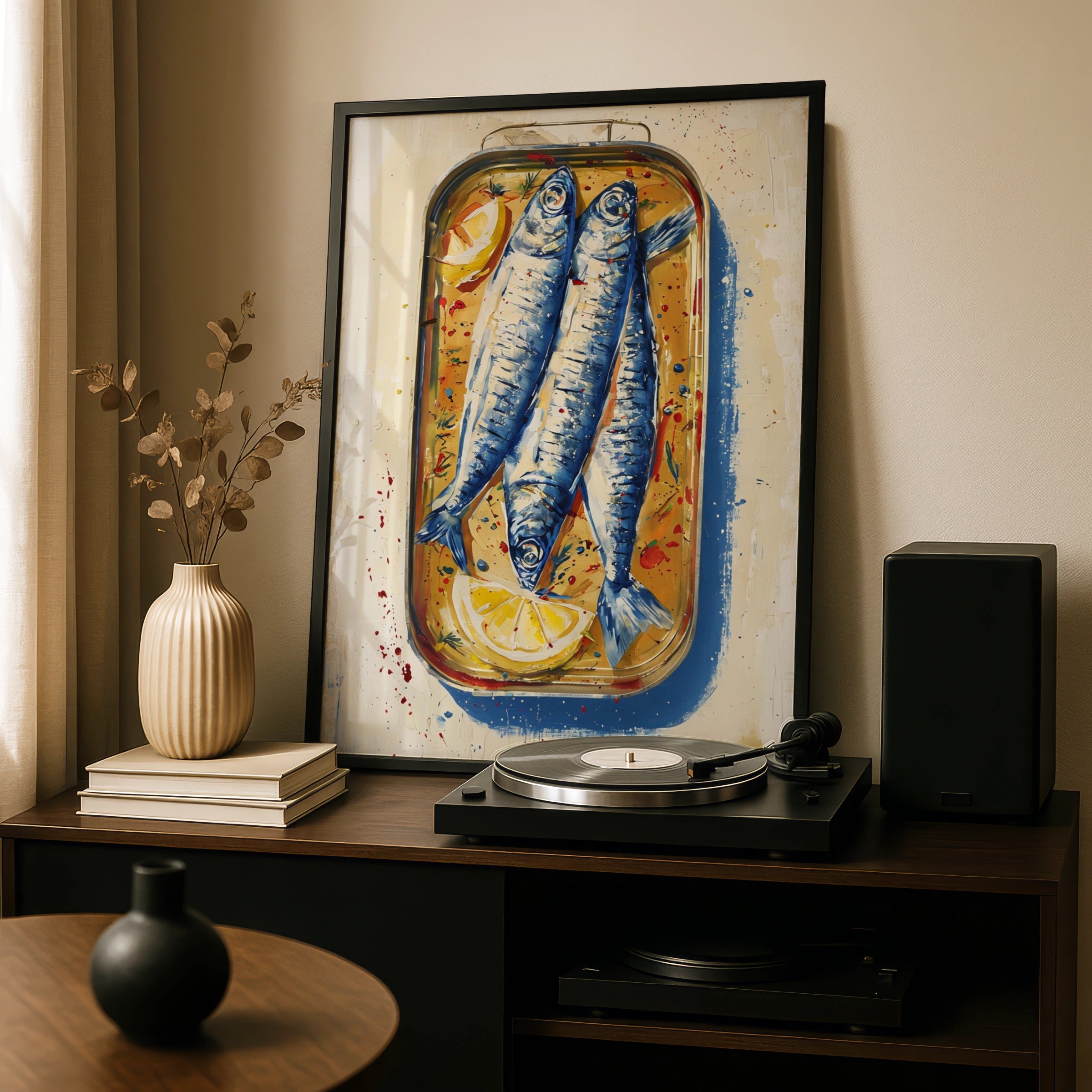 Mediterranean Sardines Poster, Fish Kitchen Wall Art, Lemon Blue Painted Food Print