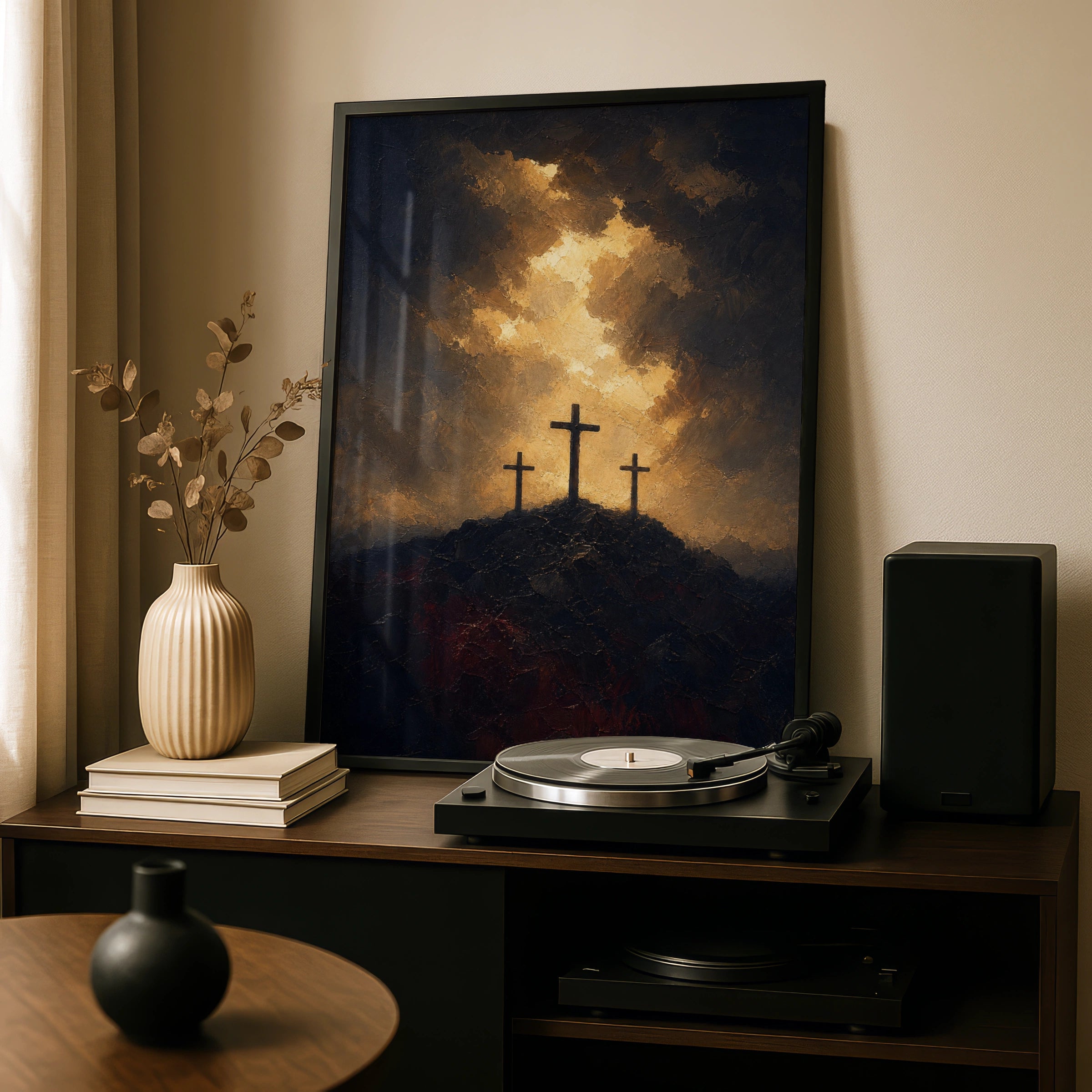Three Crosses Calvary Wall Art, Crucifixion Poster, Christian Religious Print, Dark Dramatic Gold